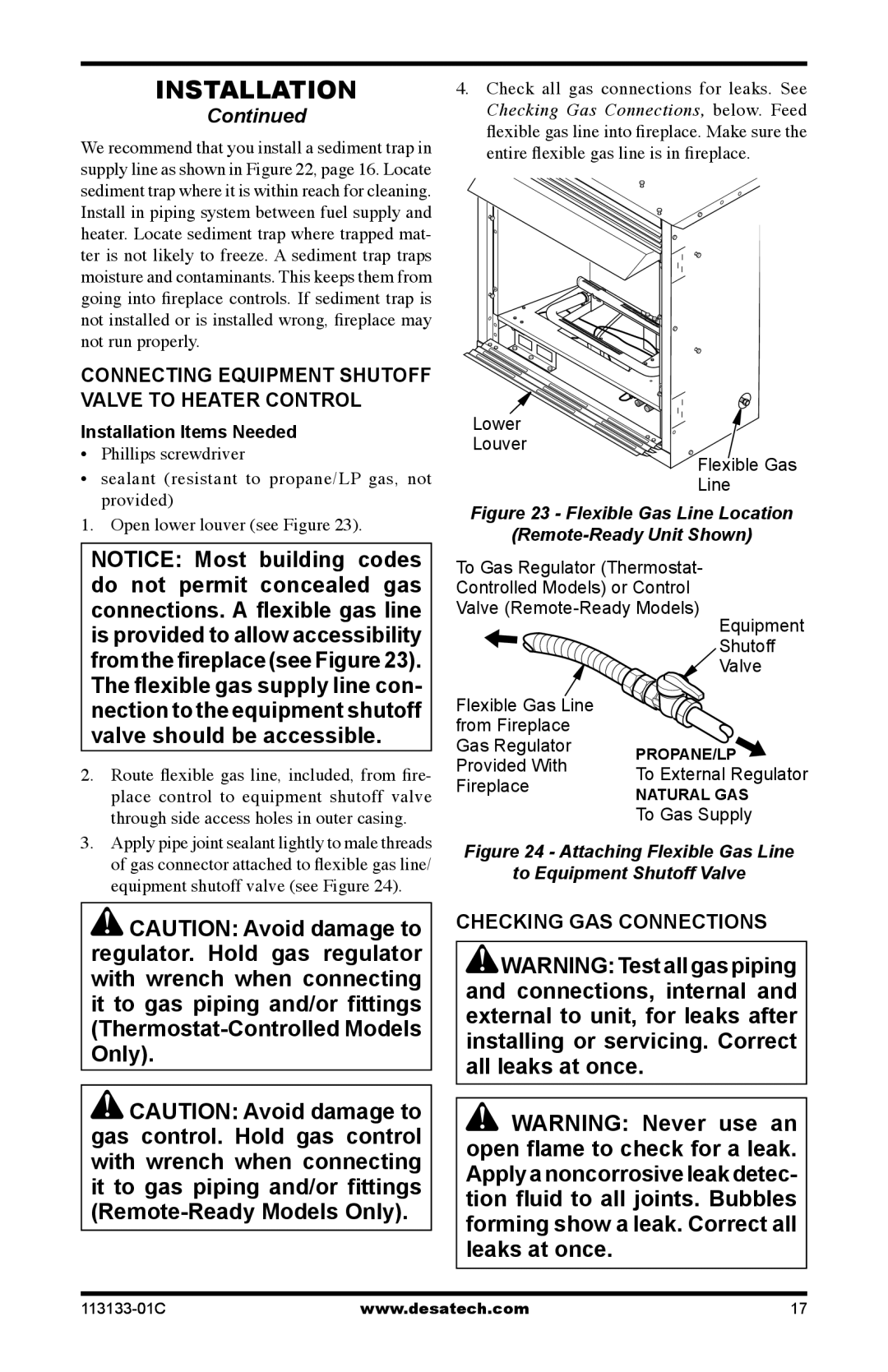 Desa VDCFTNA Connecting equipment shutoff valve to heater control, Checking GAS Connections, Installation Items Needed 