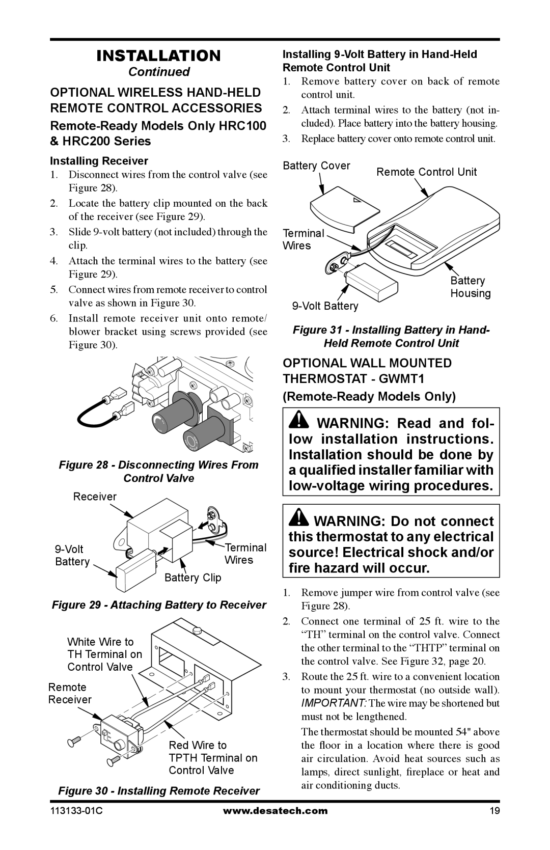 Desa VDCFTNA installation manual Installing Receiver, Installing 9-Volt Battery in Hand-Held Remote Control Unit 