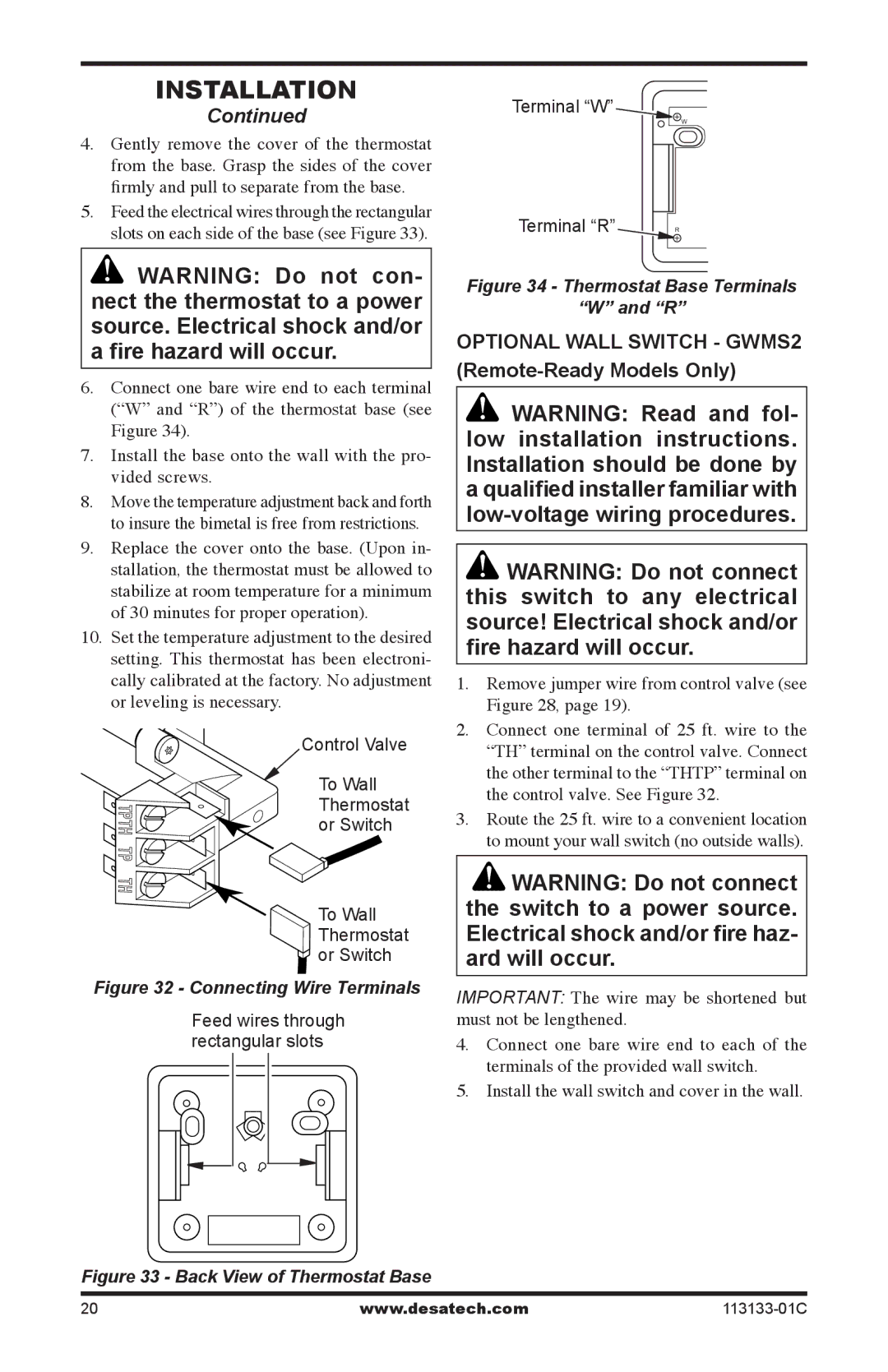 Desa VDCFTNA Optional Wall Switch GWMS2 Remote-Ready Models Only, Remove jumper wire from control valve see 