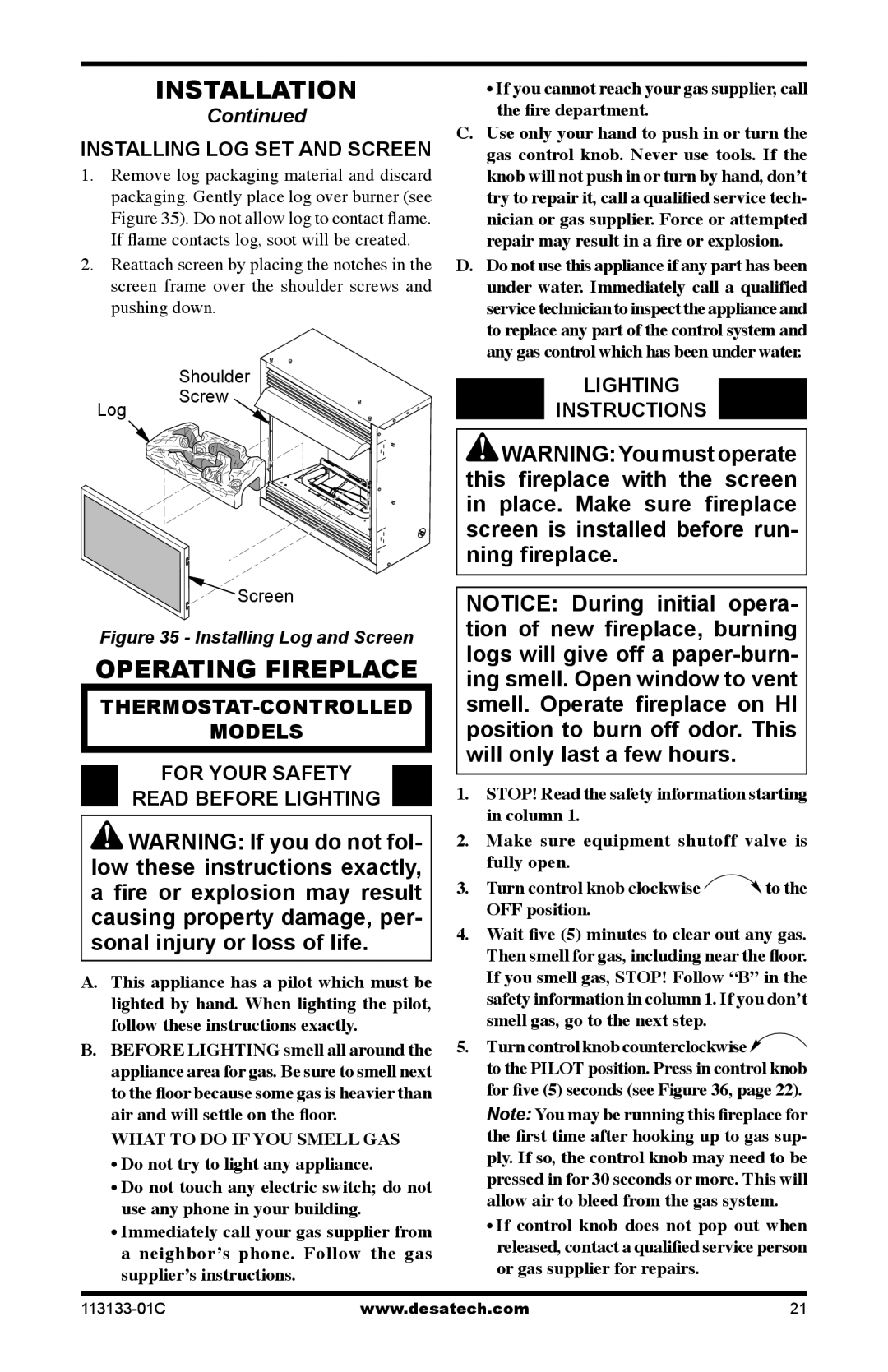 Desa VDCFTNA Operating Fireplace, Installing LOG SET and Screen, Lighting Instructions, Thermostat-Controlled Models 