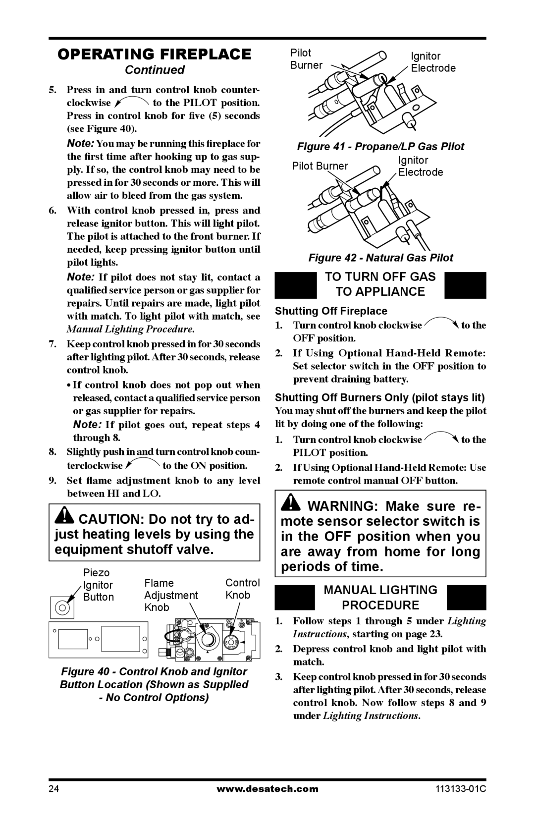 Desa VDCFTNA installation manual Depress control knob and light pilot with match 