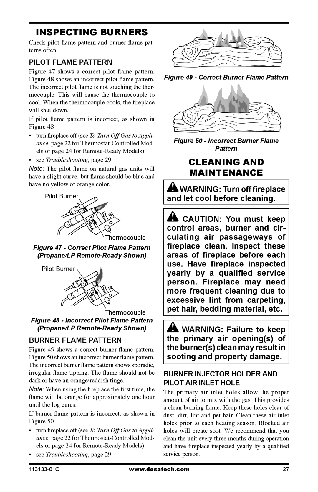 Desa VDCFTNA installation manual Inspecting Burners, Cleaning Maintenance, Pilot Flame Pattern, Burner Flame Pattern 