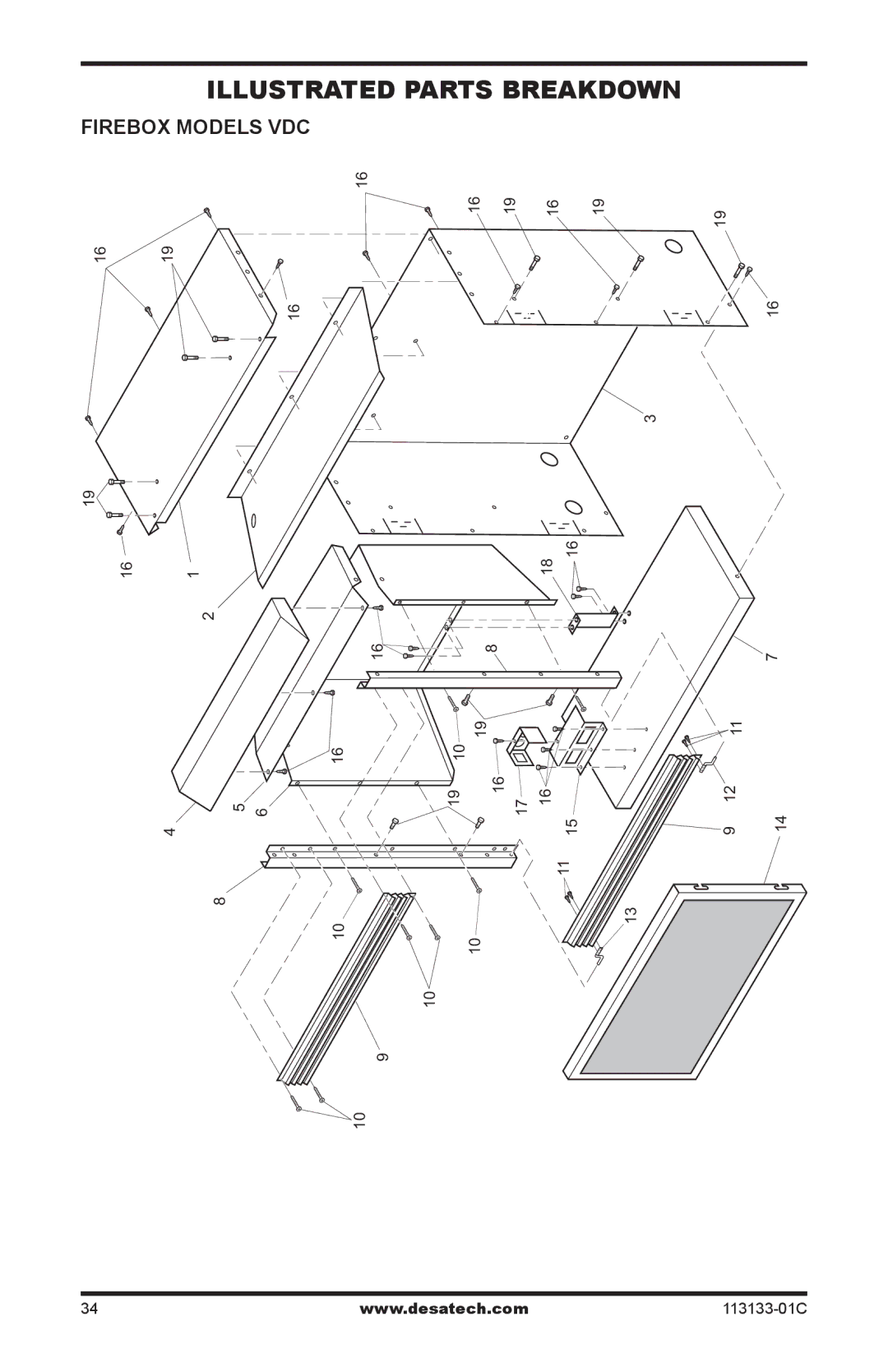 Desa VDCFTNA installation manual Illustrated Parts Breakdown, Firebox Models VDC 