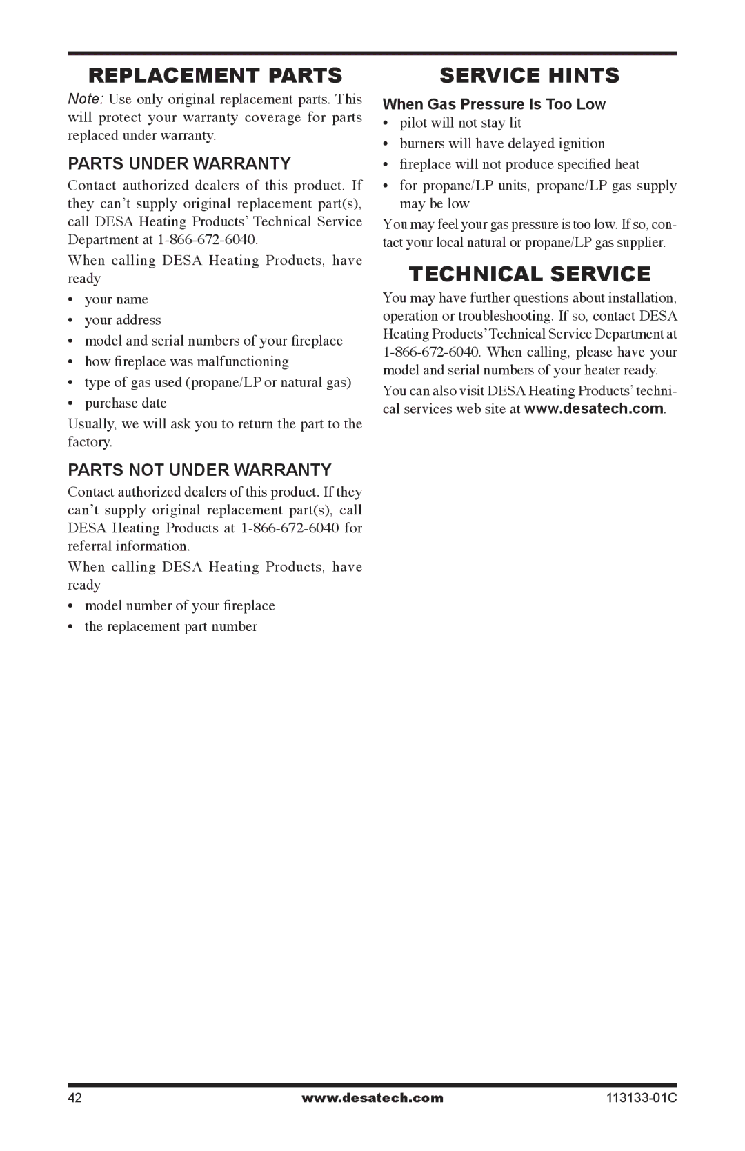 Desa VDCFTNA Replacement Parts, Service Hints, Technical Service, Parts Under Warranty, Parts Not Under Warranty 