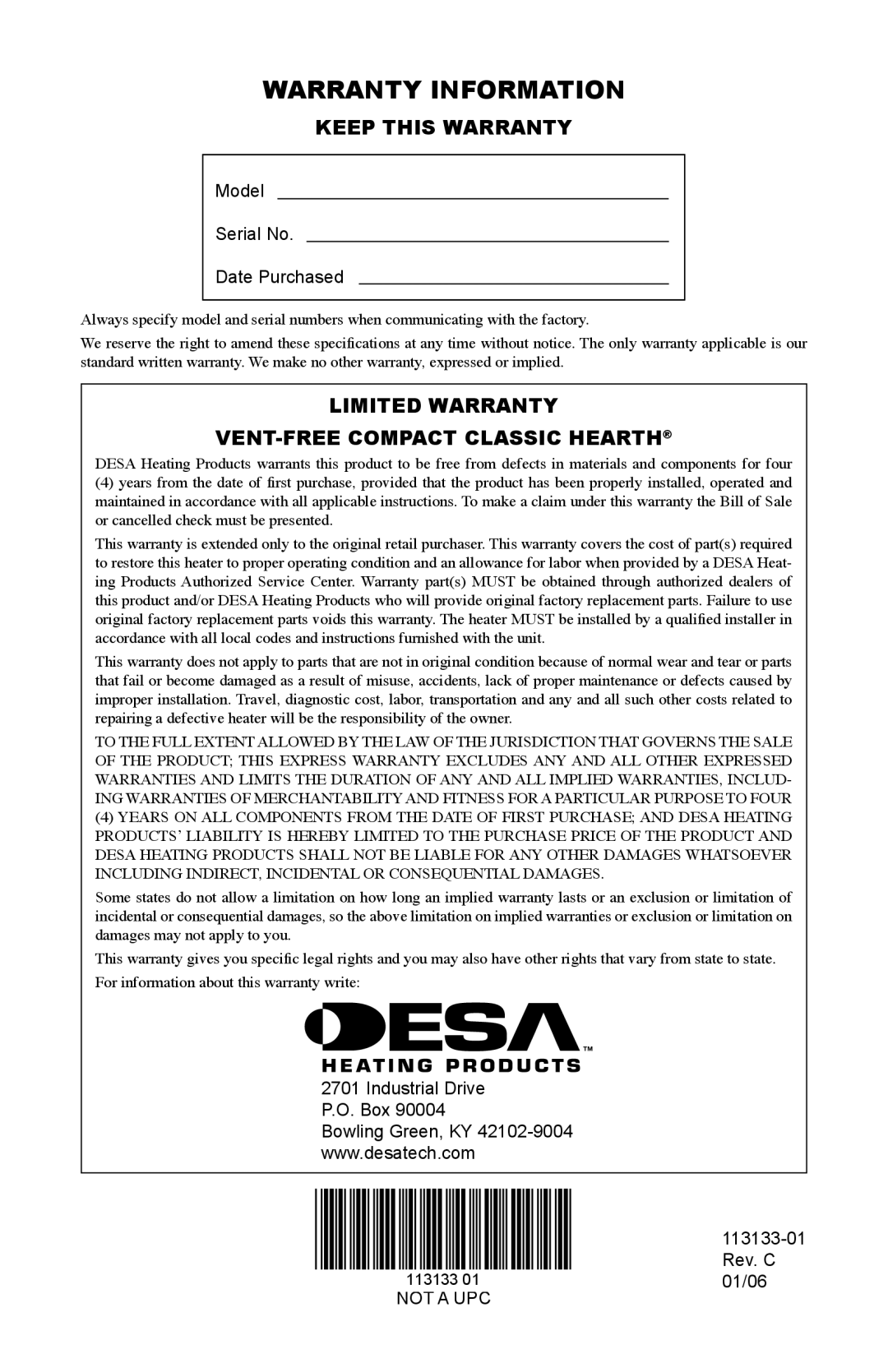 Desa VDCFTNA Warranty Information, Keep this Warranty, Limited Warranty VENT-FREE Compact Classic Hearth 