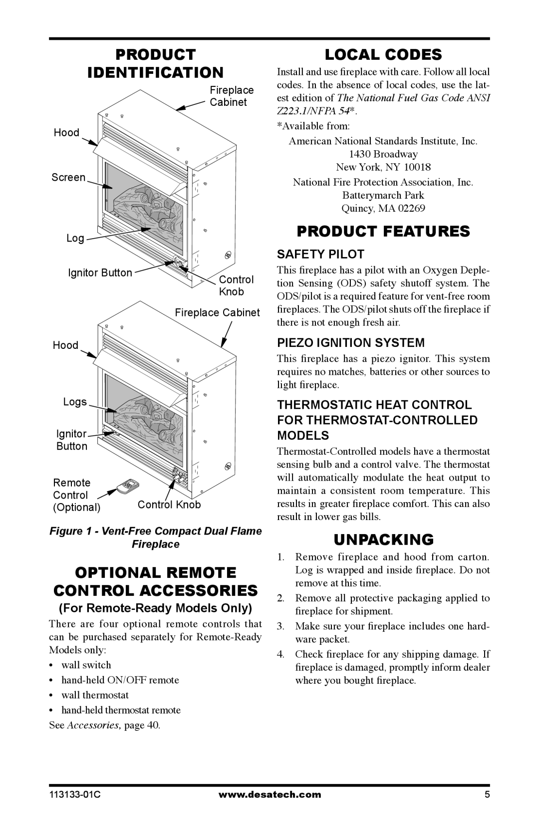 Desa VDCFTNA Product Identification, Optional Remote Control Accessories, Local Codes, Product Features, Unpacking 