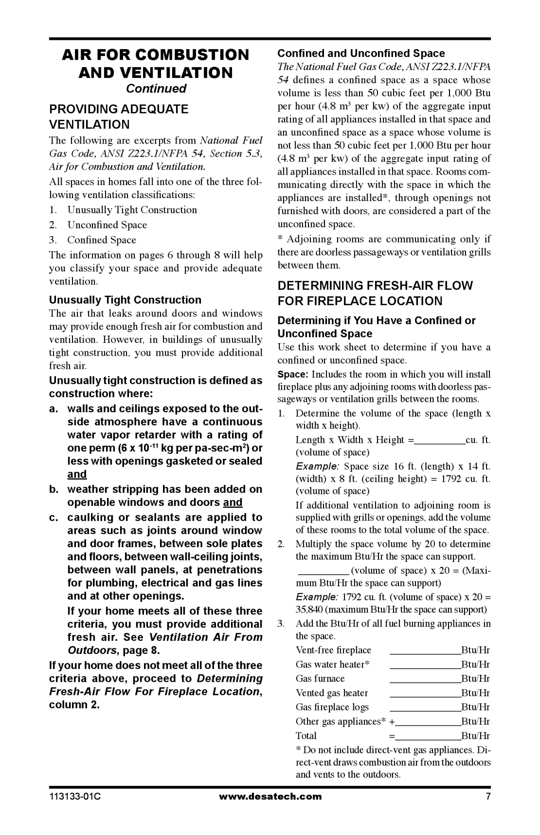 Desa VDCFTNA installation manual AIR for Combustion Ventilation, Providing Adequate Ventilation 