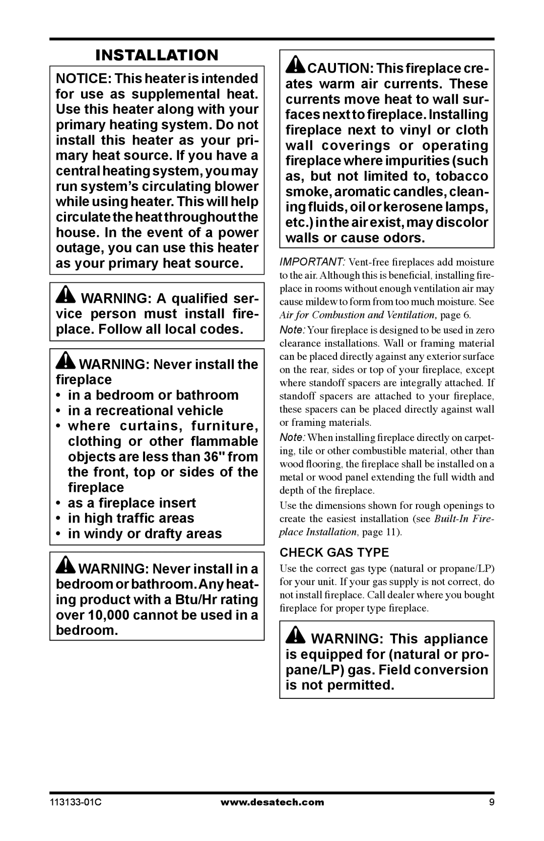 Desa VDCFTNA installation manual Installation, Check GAS Type 