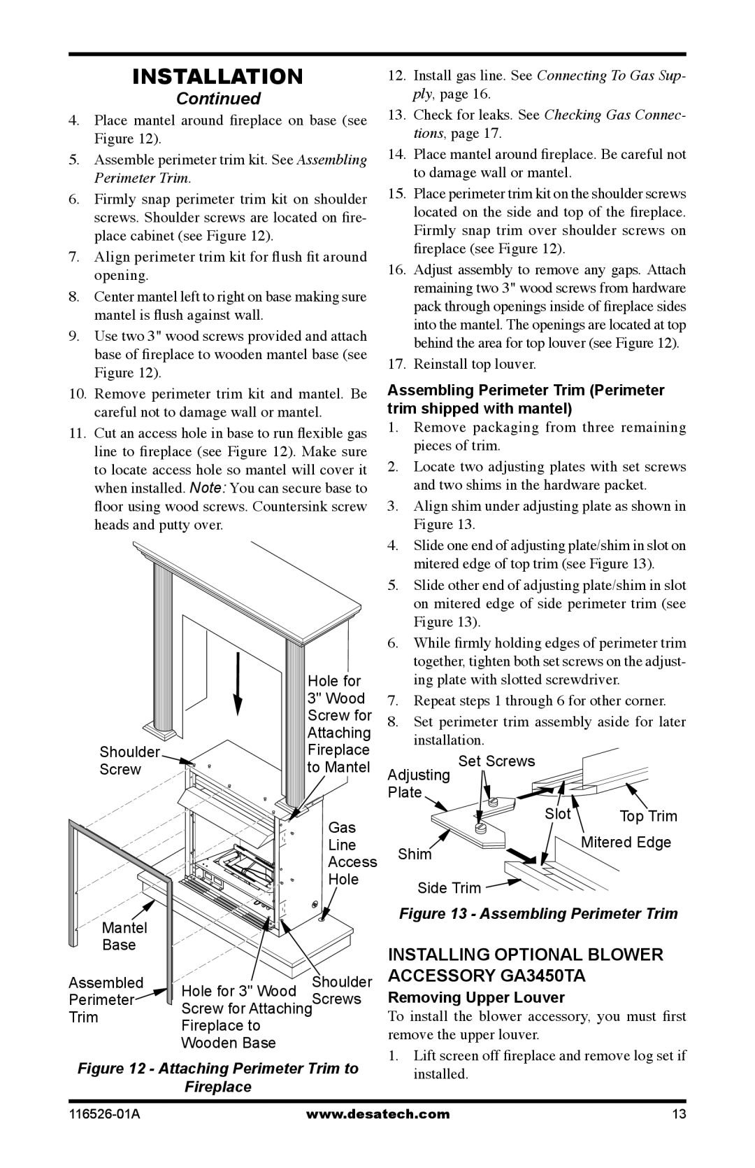 Desa VDCFTNB installation manual Installing Optional Blower Accessory GA3450TA 