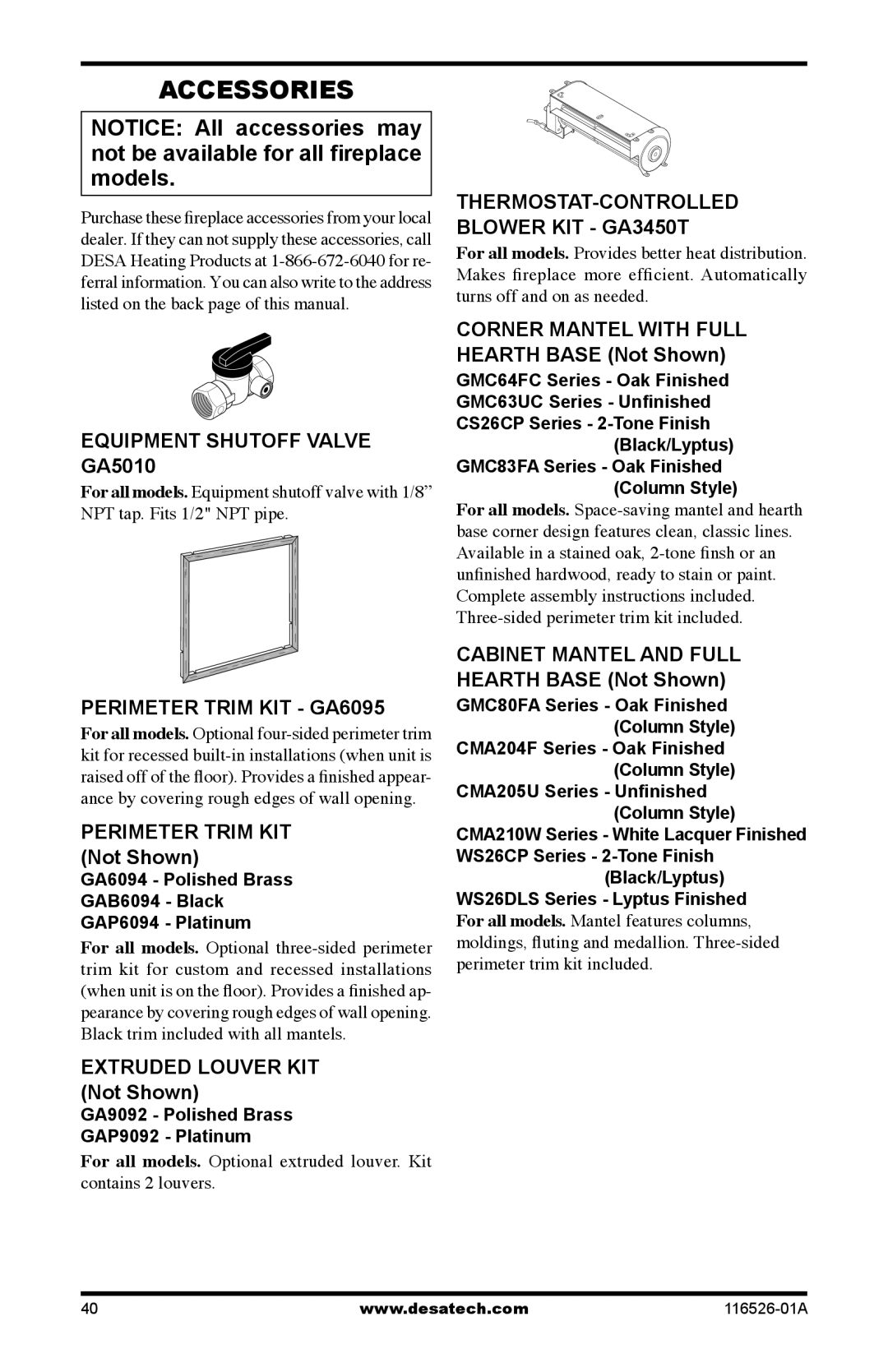 Desa VDCFTNB installation manual Accessories, Equipment Shutoff Valve GA5010, Perimeter Trim KIT GA6095 