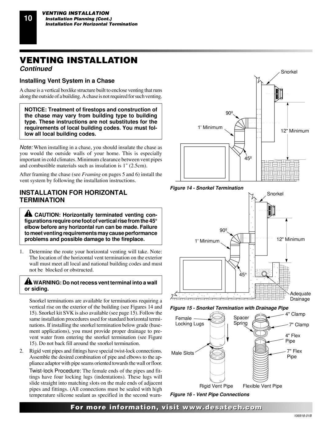 Desa VDDVF36PN/PP, VDDVF36STN/STP Installation for Horizontal Termination, Installing Vent System in a Chase 