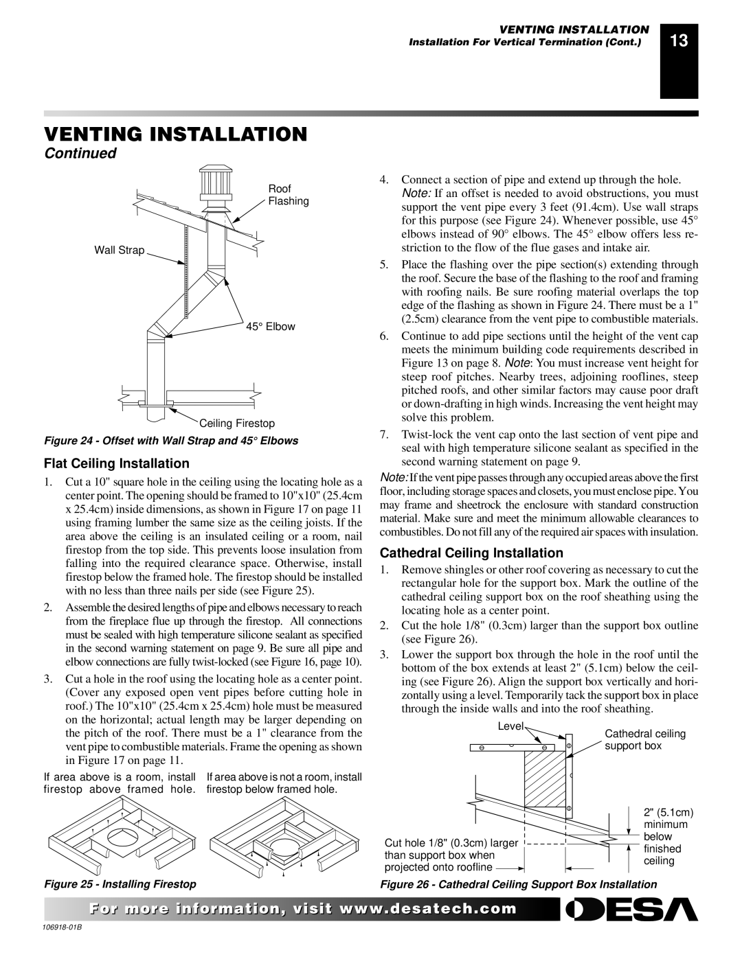 Desa VDDVF36STN/STP, VDDVF36PN/PP installation manual Flat Ceiling Installation, Cathedral Ceiling Installation 