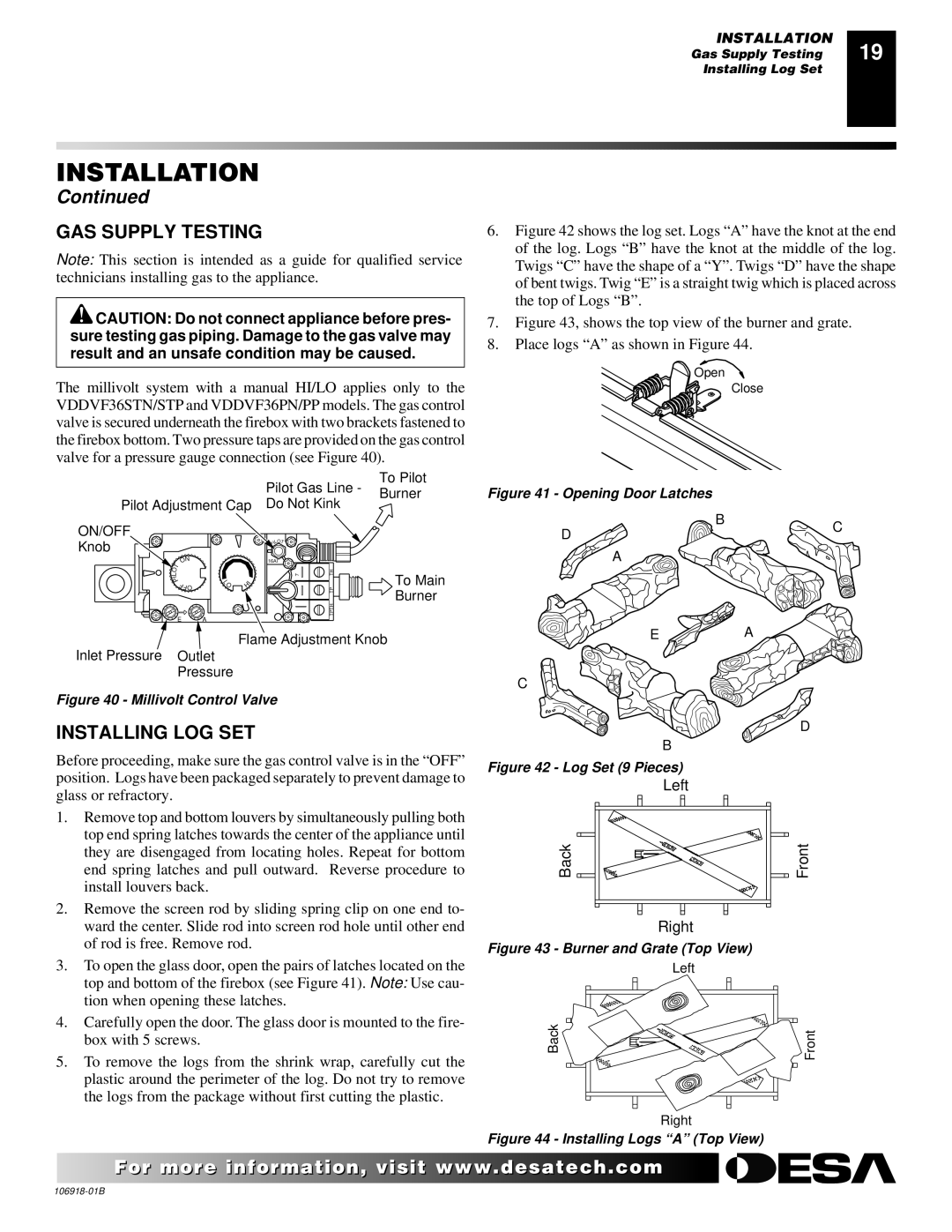 Desa VDDVF36STN/STP, VDDVF36PN/PP installation manual GAS Supply Testing, Installing LOG SET 