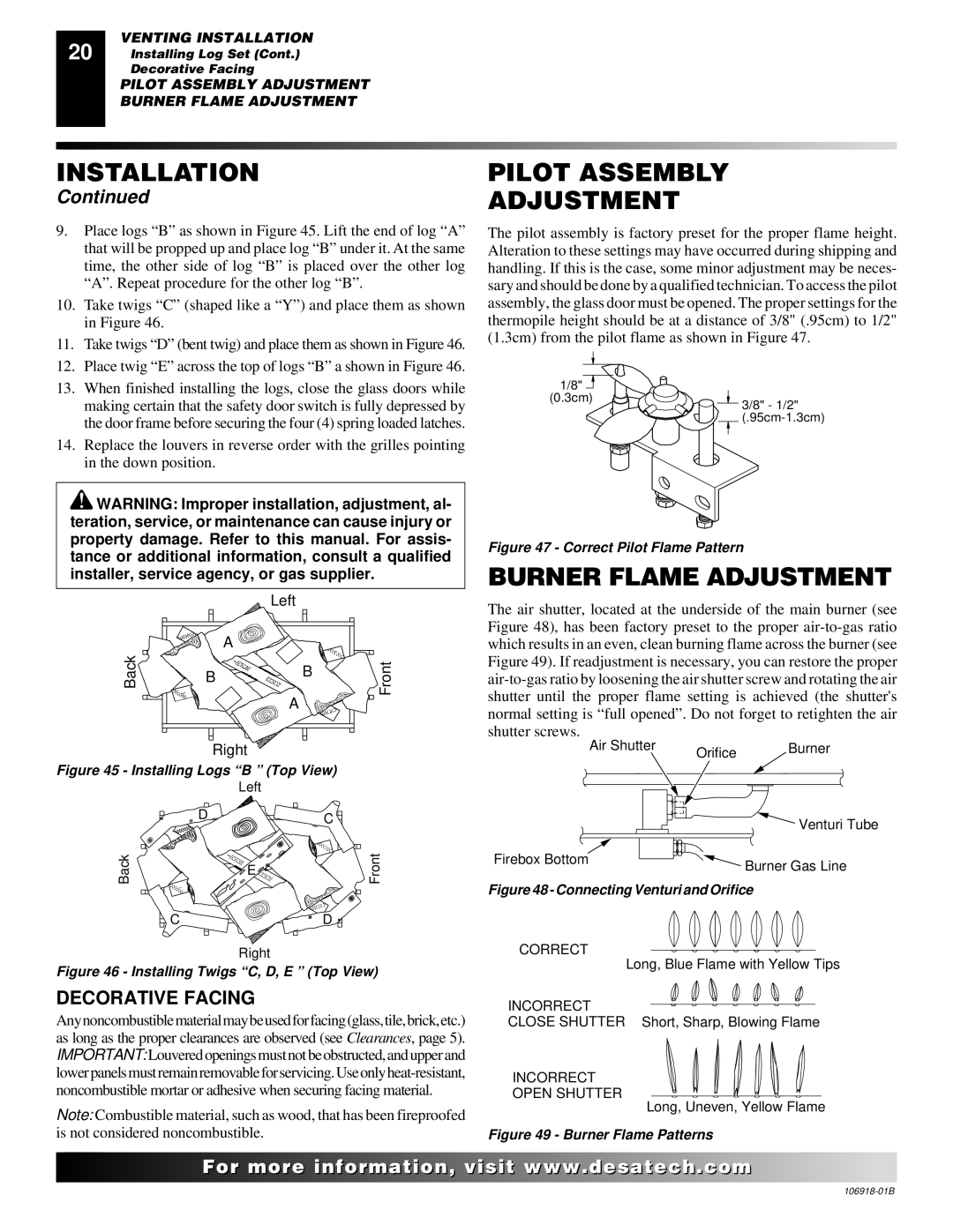 Desa VDDVF36PN/PP, VDDVF36STN/STP installation manual Pilot Assembly Adjustment, Burner Flame Adjustment, Decorative Facing 