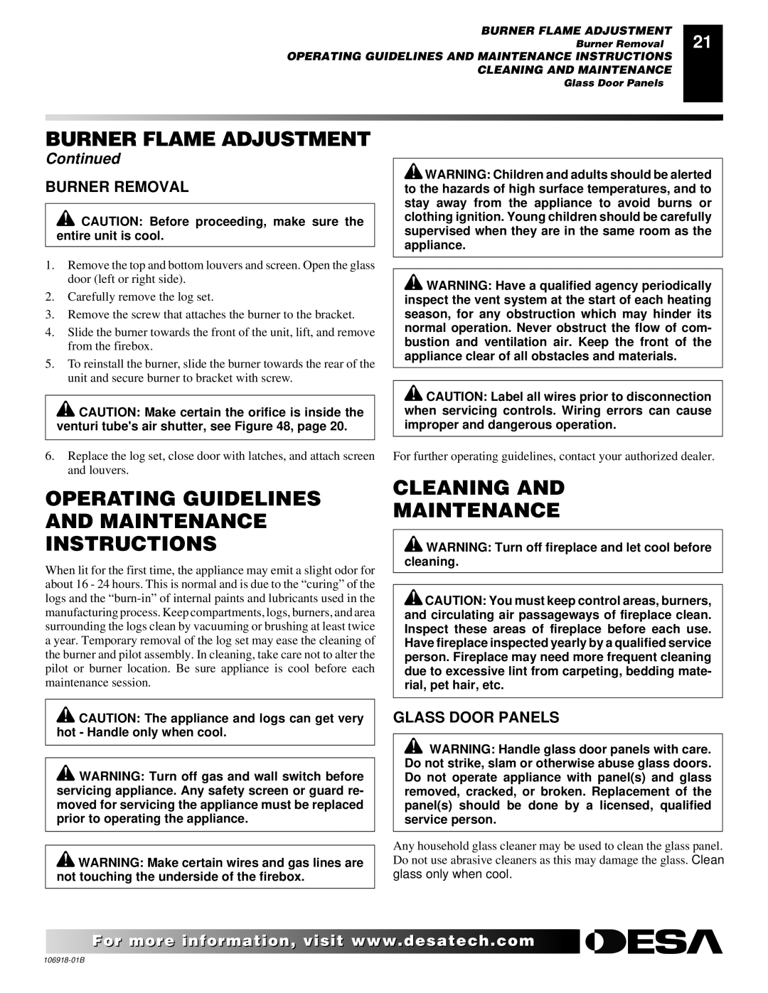 Desa VDDVF36STN/STP, VDDVF36PN/PP Operating Guidelines and Maintenance Instructions, Cleaning Maintenance, Burner Removal 