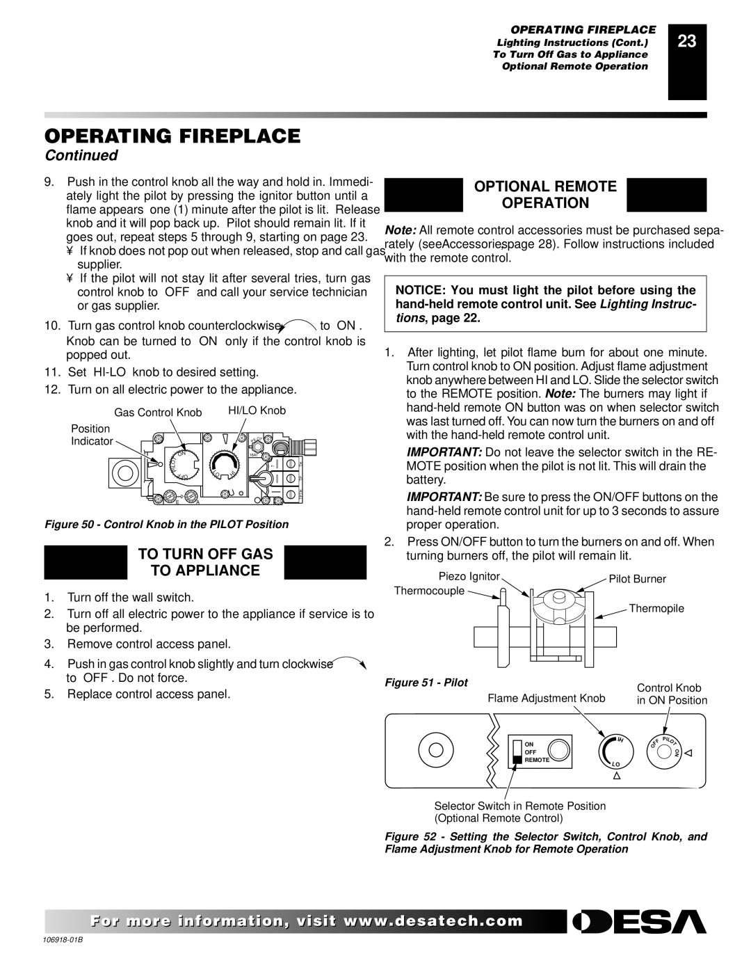 Desa VDDVF36STN/STP, VDDVF36PN/PP installation manual To Turn OFF GAS To Appliance, Optional Remote Operation 