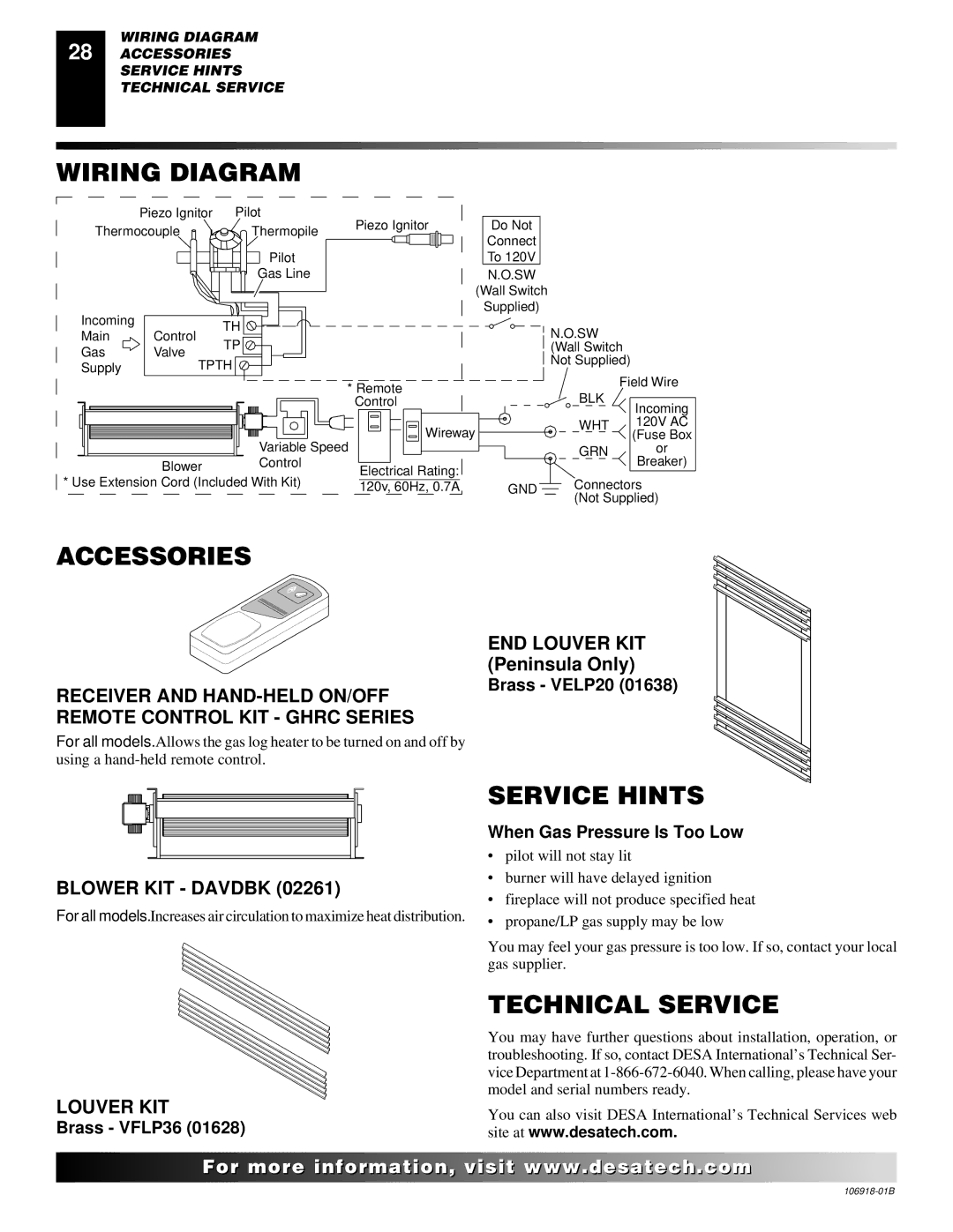 Desa VDDVF36PN/PP, VDDVF36STN/STP installation manual Wiring Diagram, Accessories, Service Hints, Technical Service 