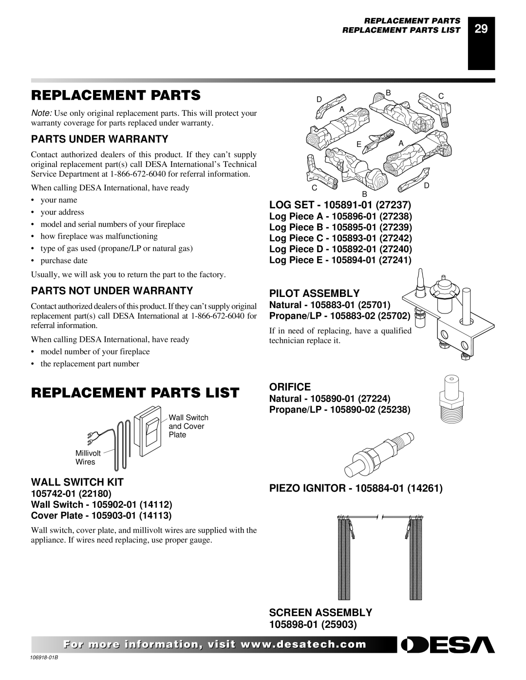 Desa VDDVF36STN/STP, VDDVF36PN/PP installation manual Replacement Parts List 