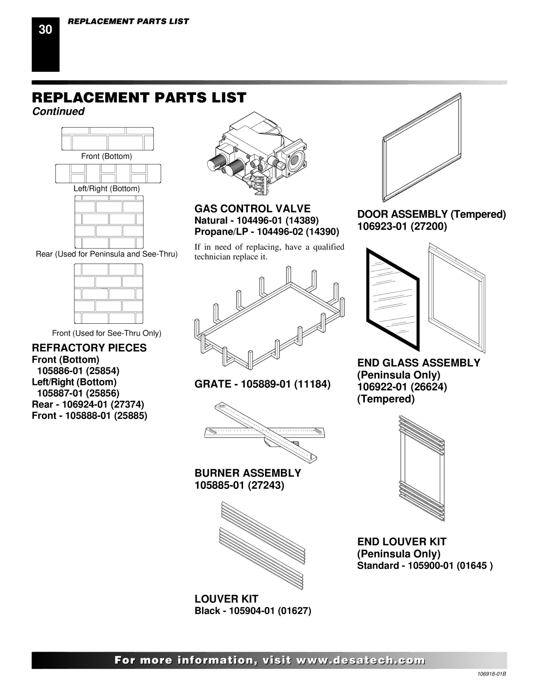 Desa VDDVF36PN/PP Refractory Pieces, GAS Control Valve, Natural 104496-01 14389 Propane/LP 104496-02, Black 105904-01 