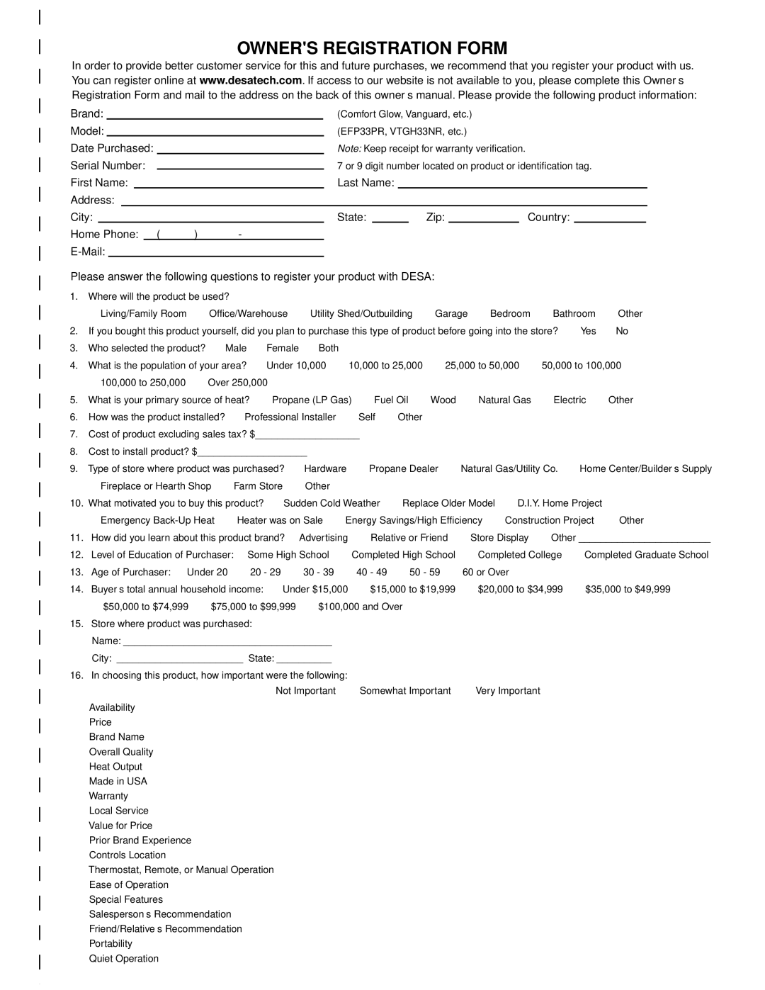 Desa VDDVF36STN/STP, VDDVF36PN/PP installation manual Owners Registration Form 