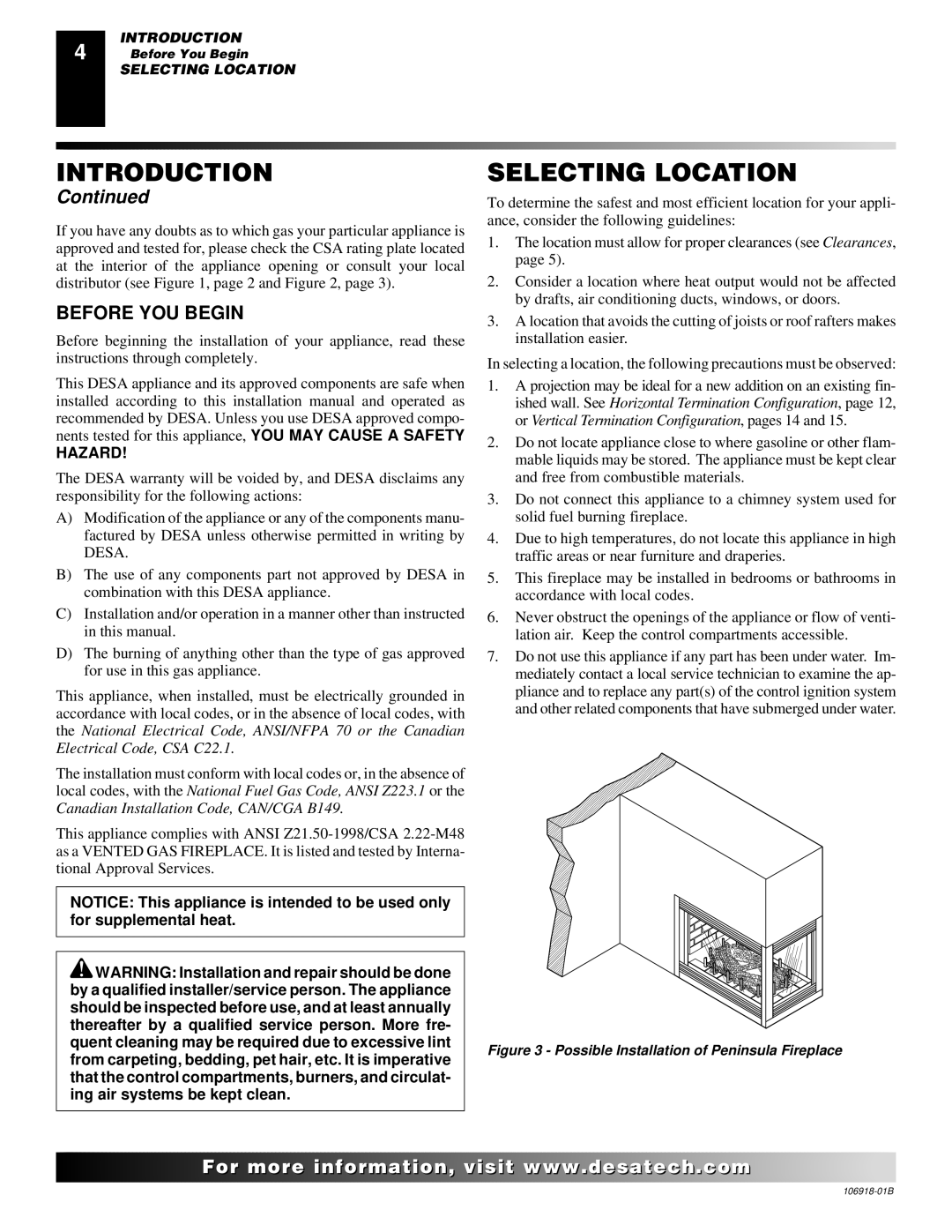 Desa VDDVF36PN/PP, VDDVF36STN/STP installation manual Selecting Location, Before YOU Begin, Hazard 