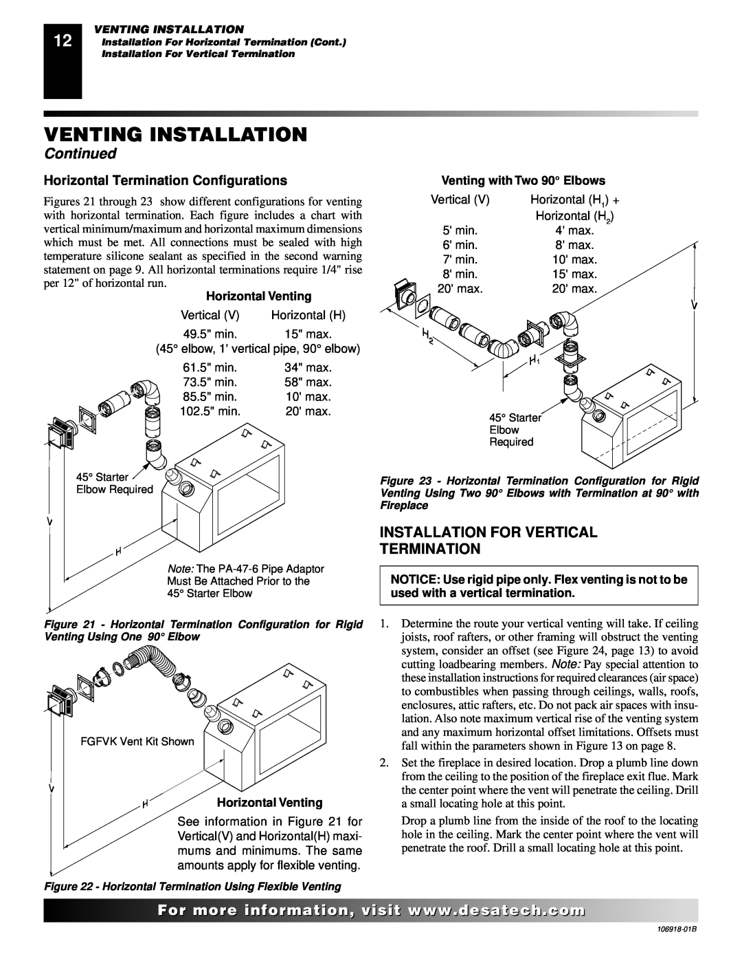 Desa VDDVF36PN/PP Installation For Vertical Termination, Horizontal Termination Configurations, Horizontal Venting 