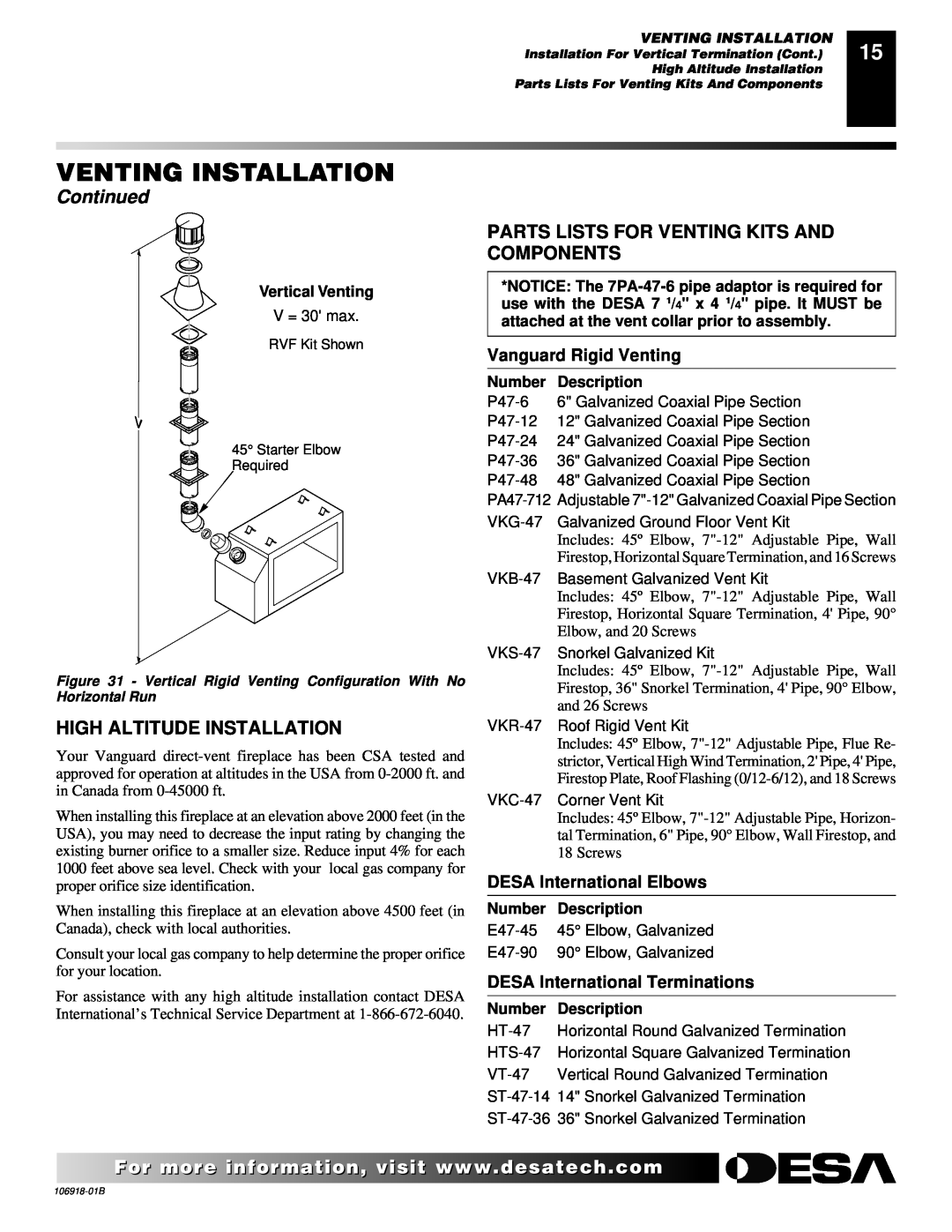 Desa VDDVF36STN/STP High Altitude Installation, Parts Lists For Venting Kits And Components, Vanguard Rigid Venting 