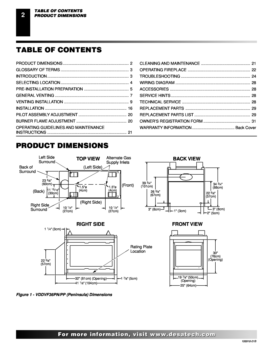 Desa VDDVF36PN/PP, VDDVF36STN/STP Table Of Contents, Product Dimensions, Back View, Right Side, Front View 