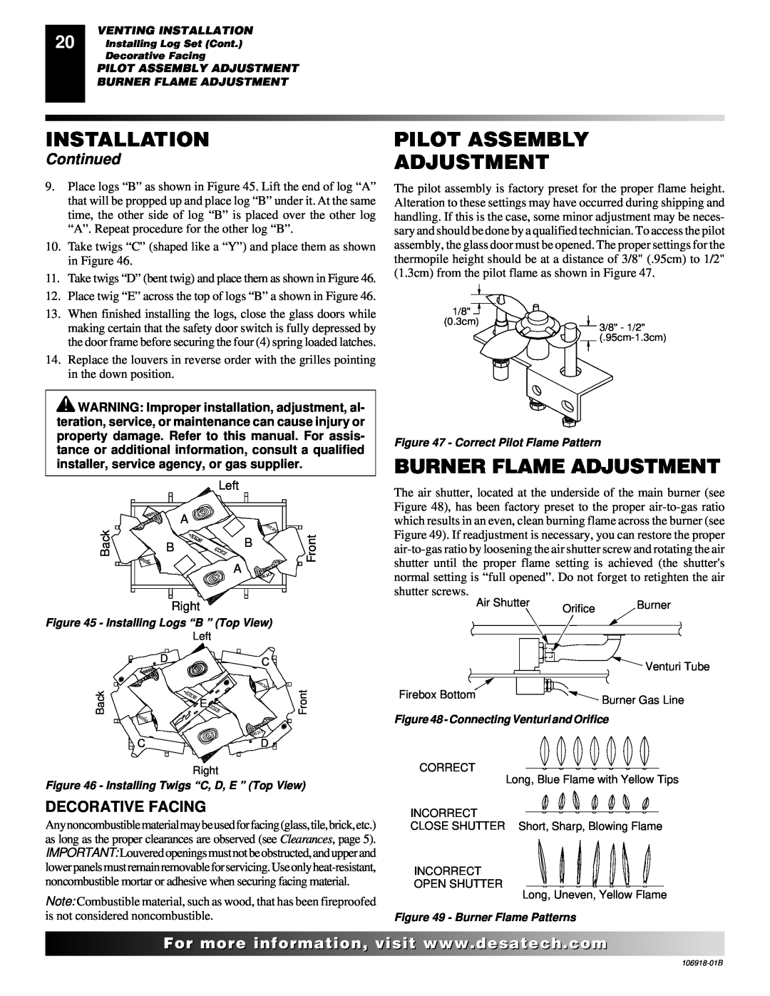 Desa VDDVF36PN/PP Pilot Assembly Adjustment, Burner Flame Adjustment, Decorative Facing, Installation, Continued 