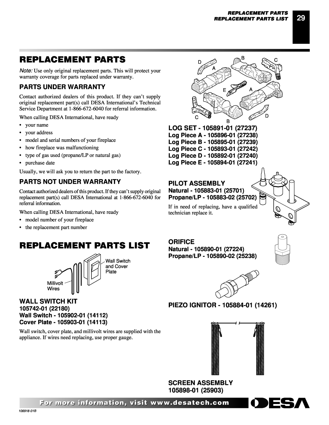 Desa VDDVF36STN/STP Replacement Parts List, Parts Under Warranty, Parts Not Under Warranty, Log Set, Pilot Assembly 