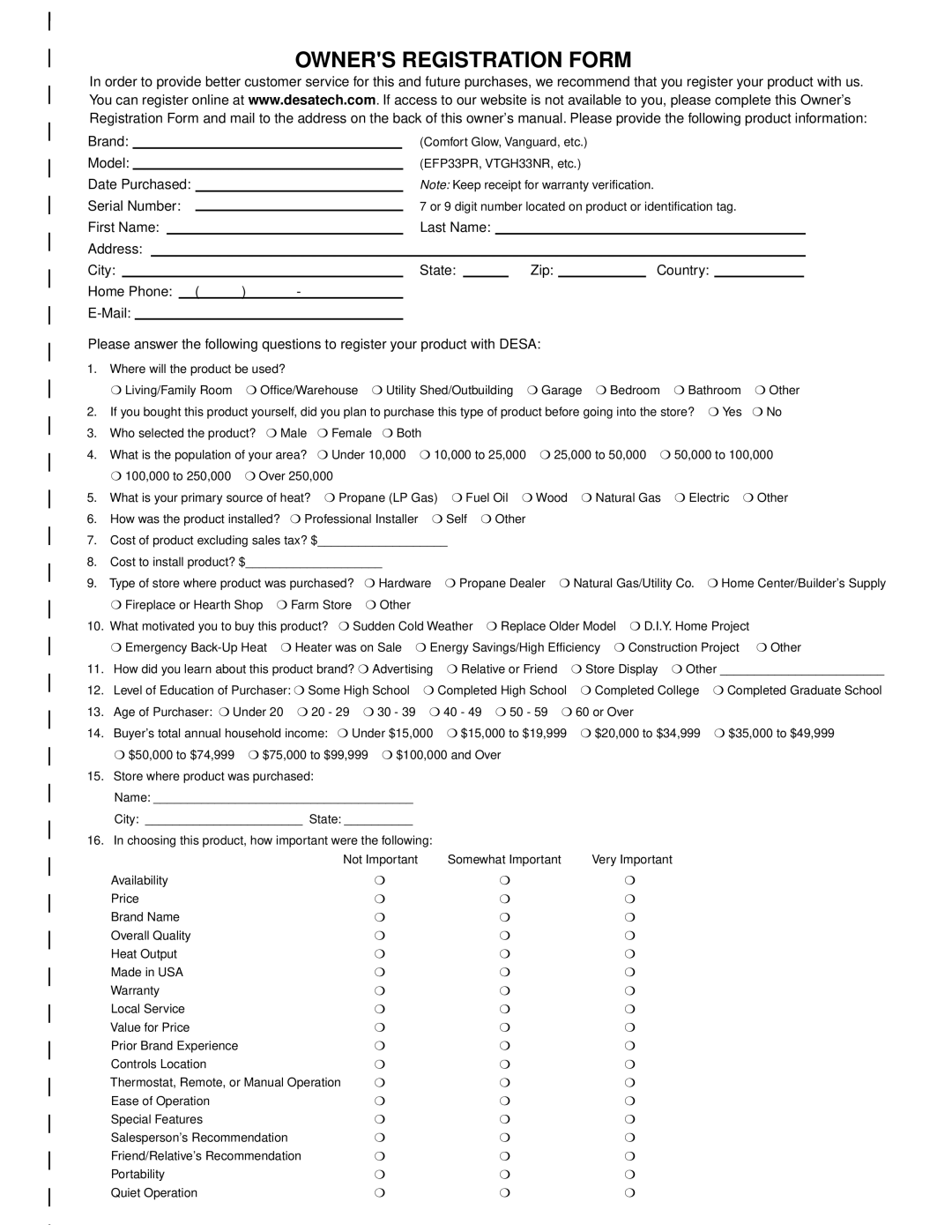 Desa VDDVF36STN/STP, VDDVF36PN/PP installation manual Owners Registration Form 