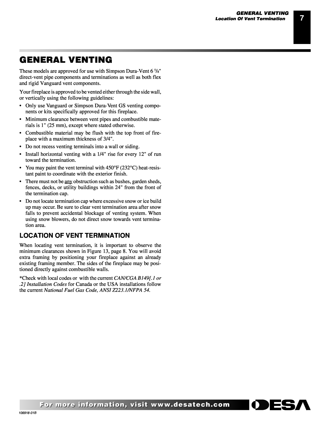 Desa VDDVF36STN/STP, VDDVF36PN/PP installation manual General Venting, Location Of Vent Termination 