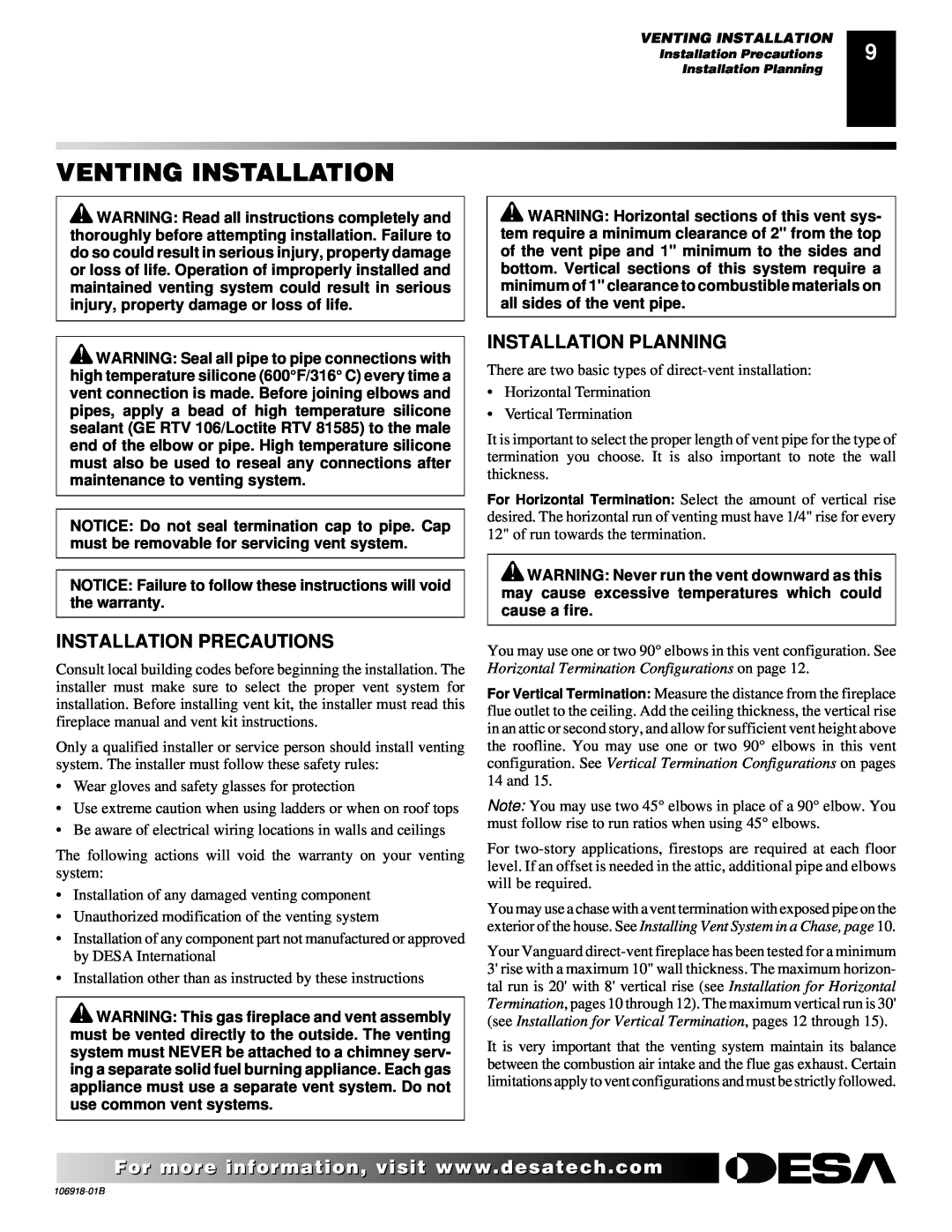 Desa VDDVF36STN/STP, VDDVF36PN/PP installation manual Venting Installation, Installation Precautions, Installation Planning 