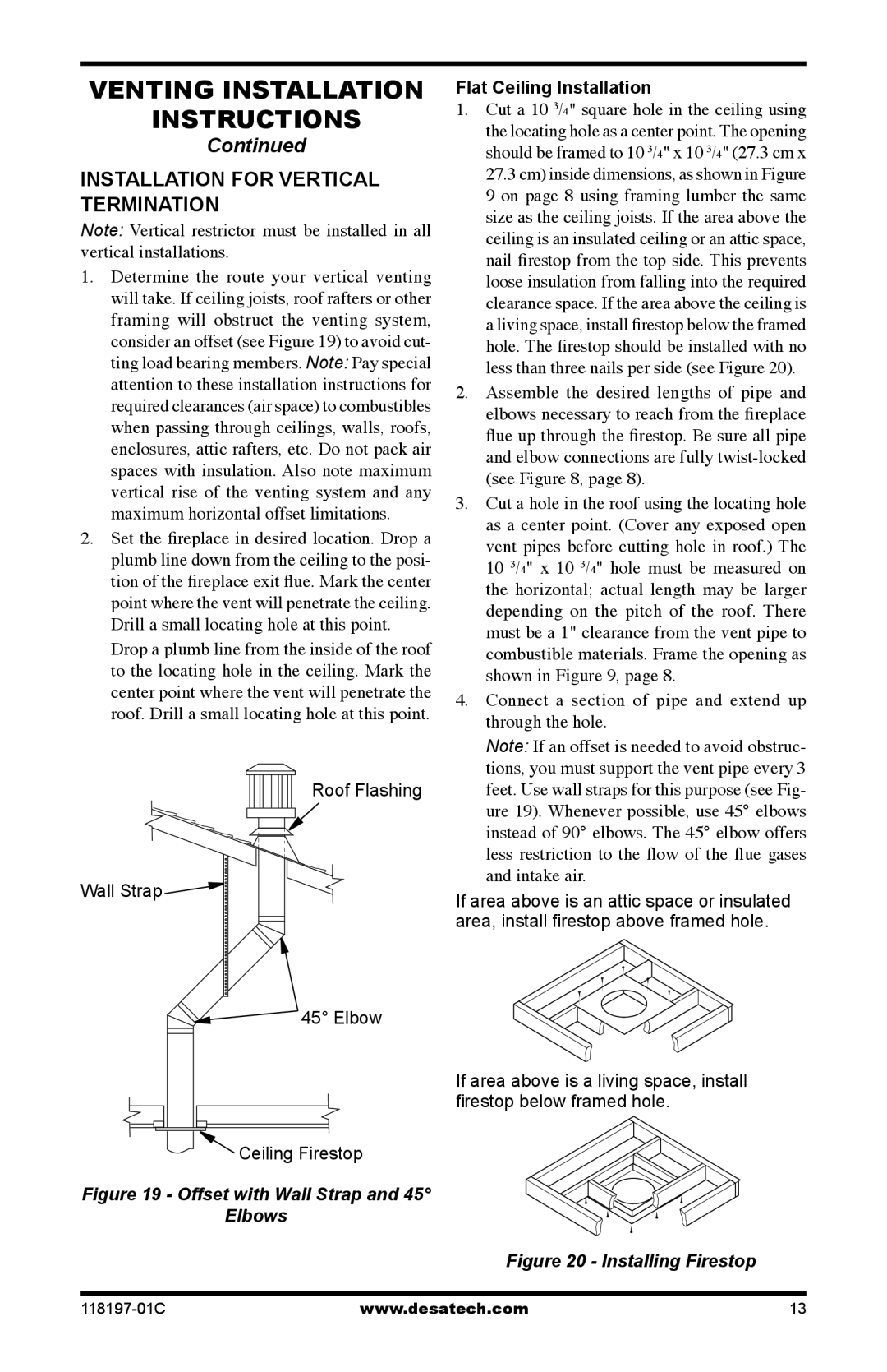 Desa (V)DVC36(B)(H), (V)DVC42(B)(H) Installation for vertical termination, Flat Ceiling Installation 