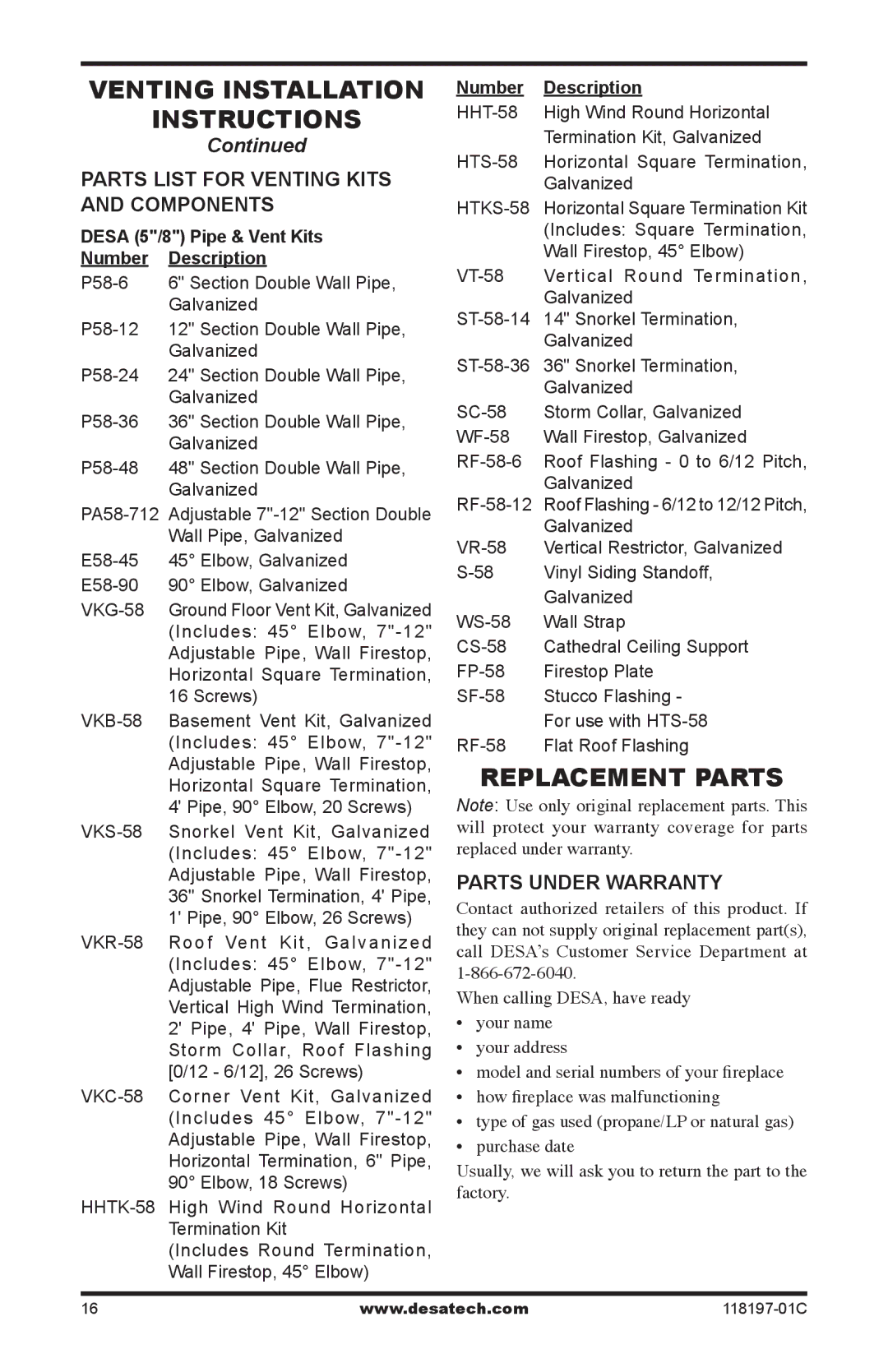 Desa (V)DVC42(B)(H), (V)DVC36(B)(H) Replacement Parts, Parts list for venting kits and components, Parts Under Warranty 