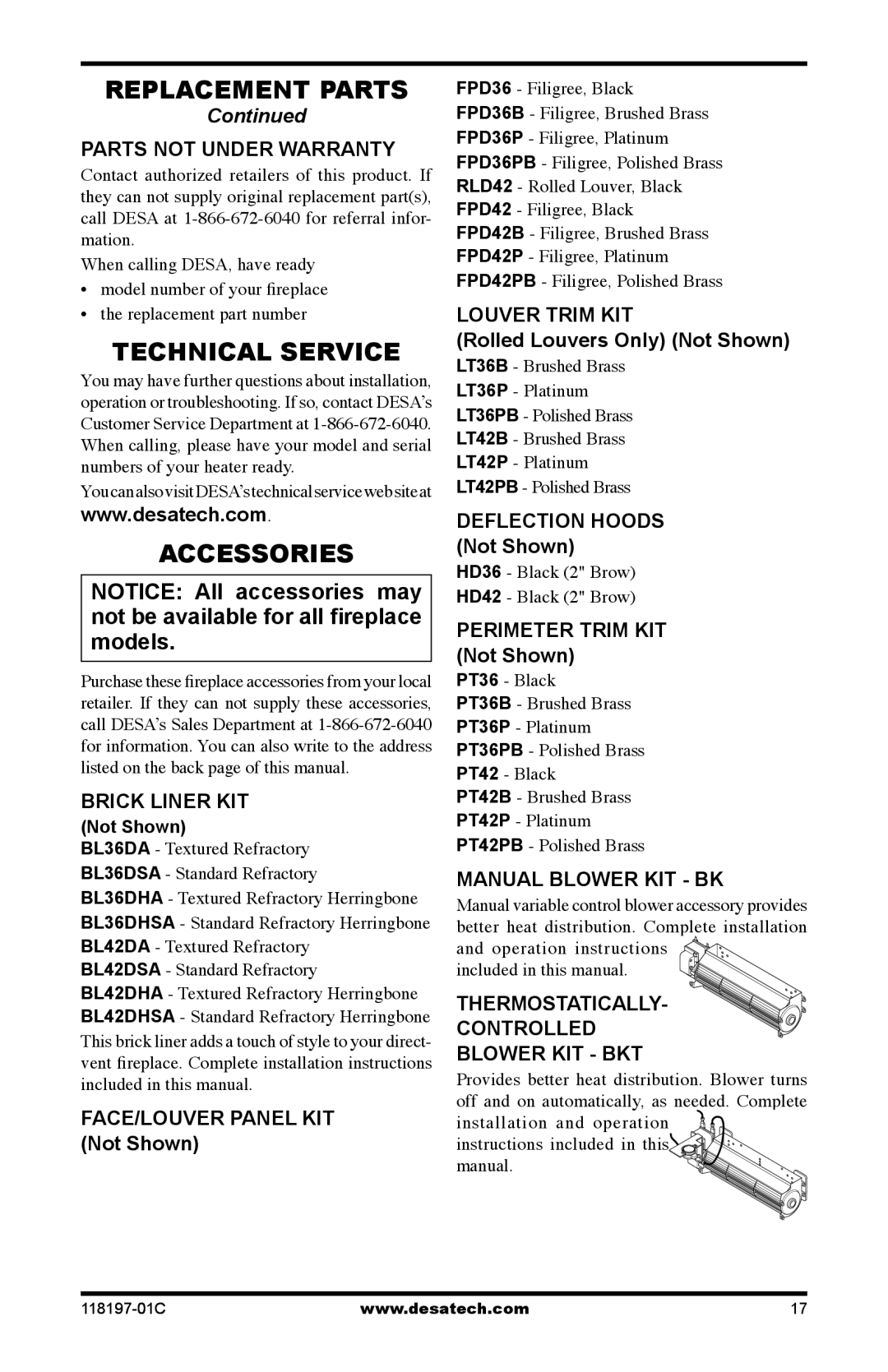 Desa (V)DVC36(B)(H), (V)DVC42(B)(H) installation instructions Technical Service, Accessories 