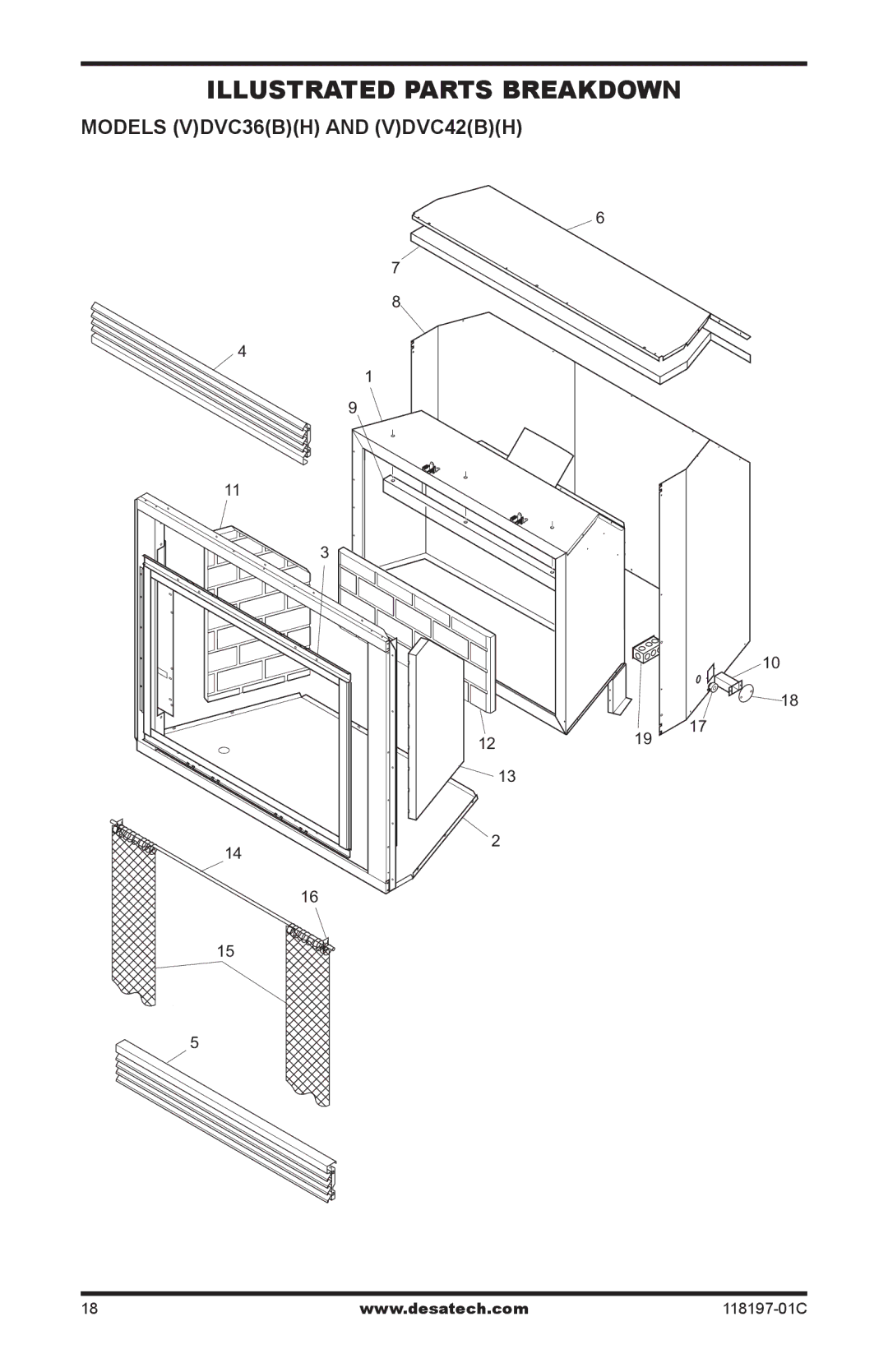 Desa (V)DVC42(B)(H), (V)DVC36(B)(H) installation instructions Illustrated Parts Breakdown, Models VDVC36BH and VDVC42BH 