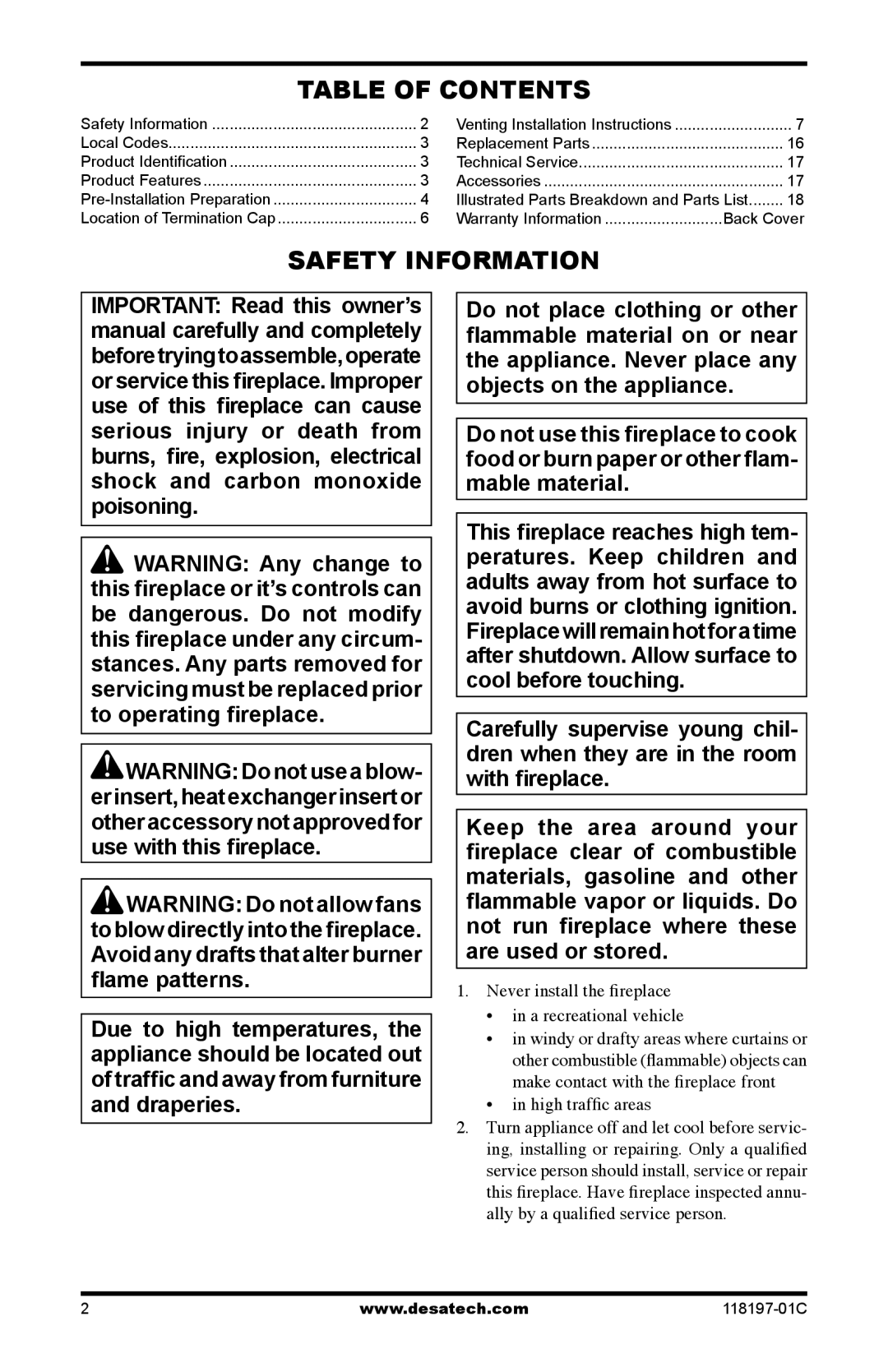 Desa (V)DVC42(B)(H), (V)DVC36(B)(H) installation instructions Table of Contents, Safety Information 