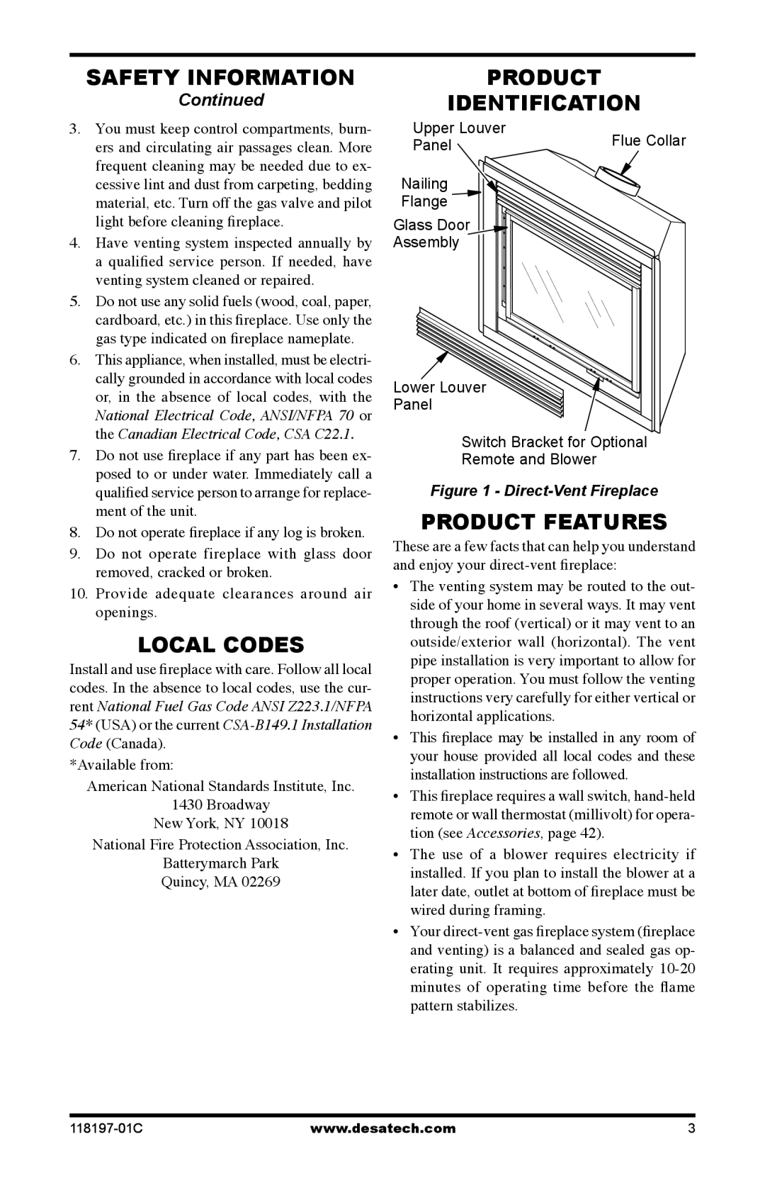 Desa (V)DVC36(B)(H), (V)DVC42(B)(H) installation instructions Local Codes, Product Identification, Product Features 