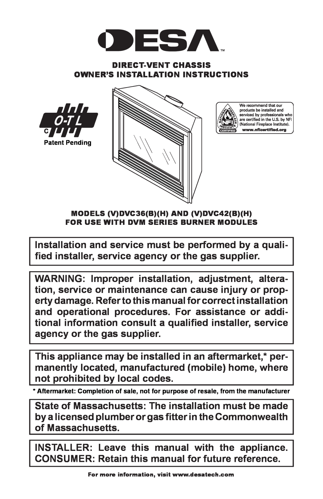 Desa (V)DVC36(B)(H), (V)DVC42(B)(H) installation instructions INSTALLER Leave this manual with the appliance 