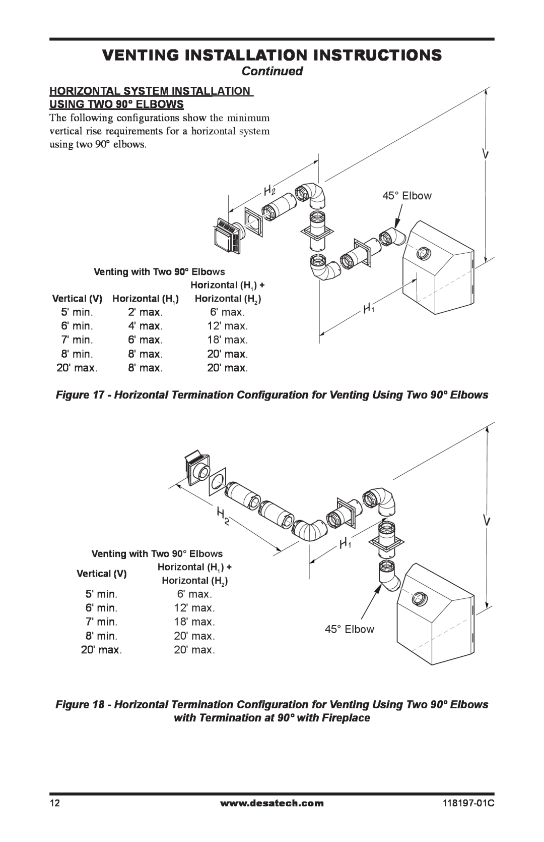 Desa (V)DVC42(B)(H) Venting Installation instructions, Continued, HORIZONTAL SYSTEM INSTALLATION USING TWO 90 ELBOWS 