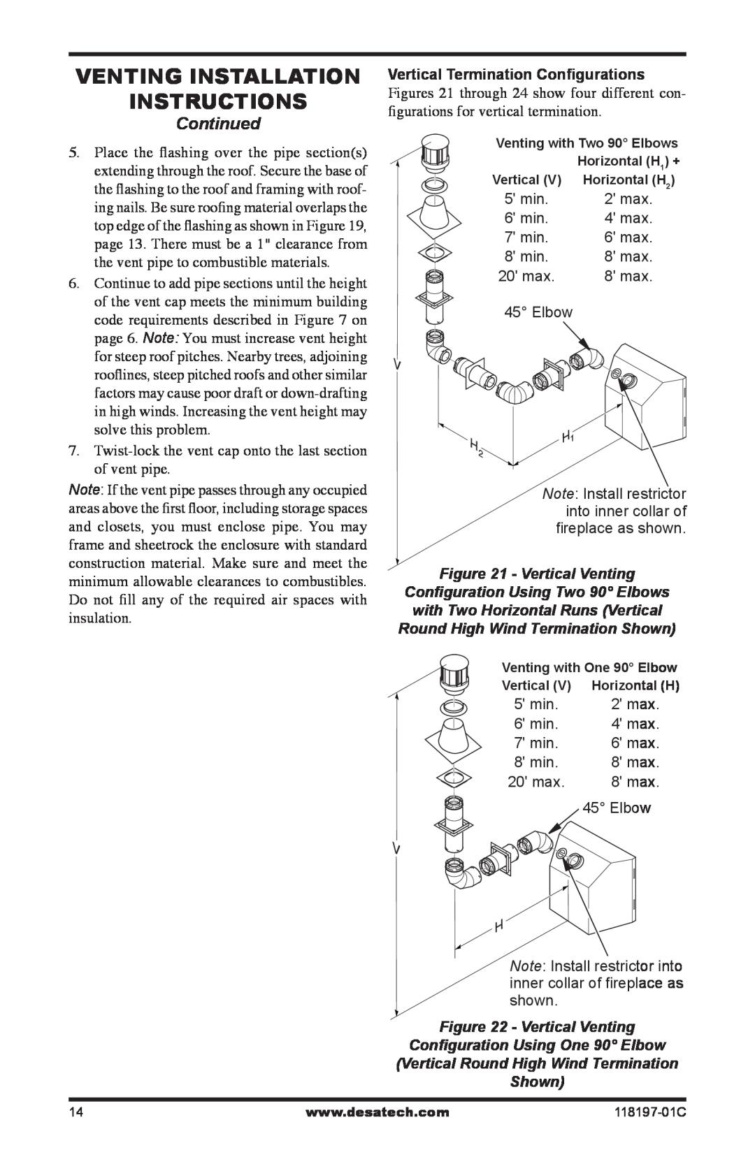 Desa (V)DVC42(B)(H) Venting Installation instructions, Continued, Vertical Venting Configuration Using Two 90 Elbows 