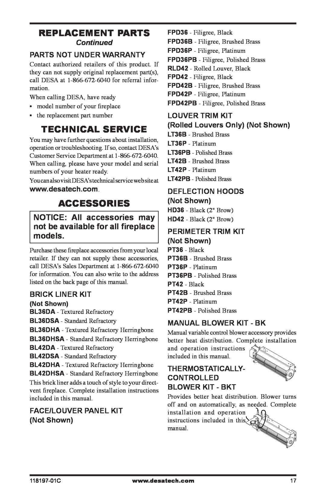 Desa (V)DVC36(B)(H), (V)DVC42(B)(H) Replacement Parts, Technical Service, Accessories, Continued, Not Shown 