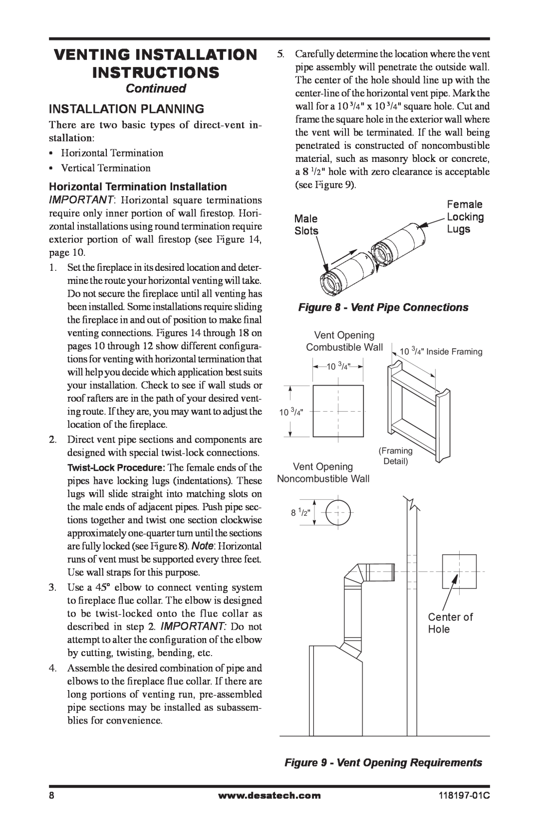 Desa (V)DVC42(B)(H) Venting Installation instructions, Continued, There are two basic types of direct-vent in- stallation 