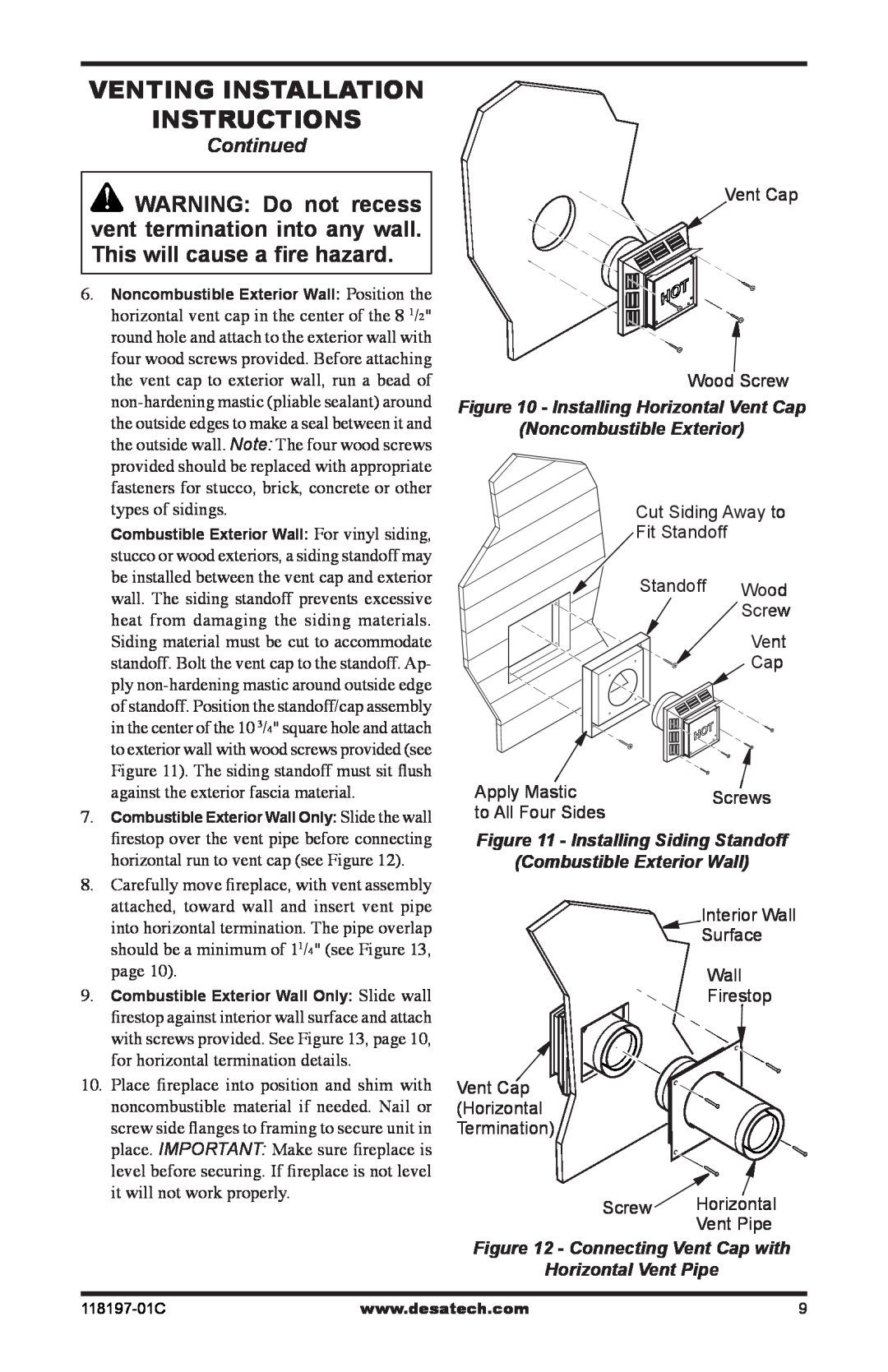 Desa (V)DVC36(B)(H) Venting Installation instructions, Continued, Vent Cap Wood Screw, Apply Mastic, to All Four Sides 