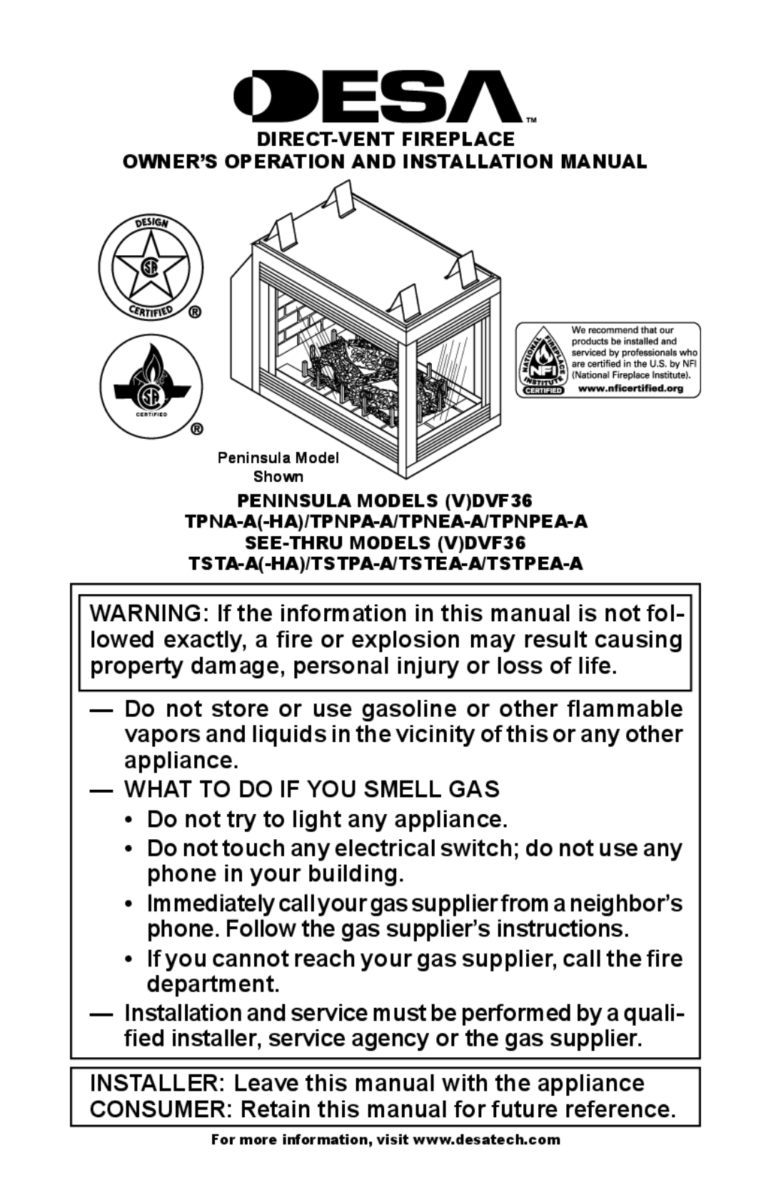 Desa TSTPA-A, (V)DVF36, TSTEA-A, TSTPEA-A, TPNPEA-A installation manual Peninsula Models VDVF36, Peninsula Model Shown 