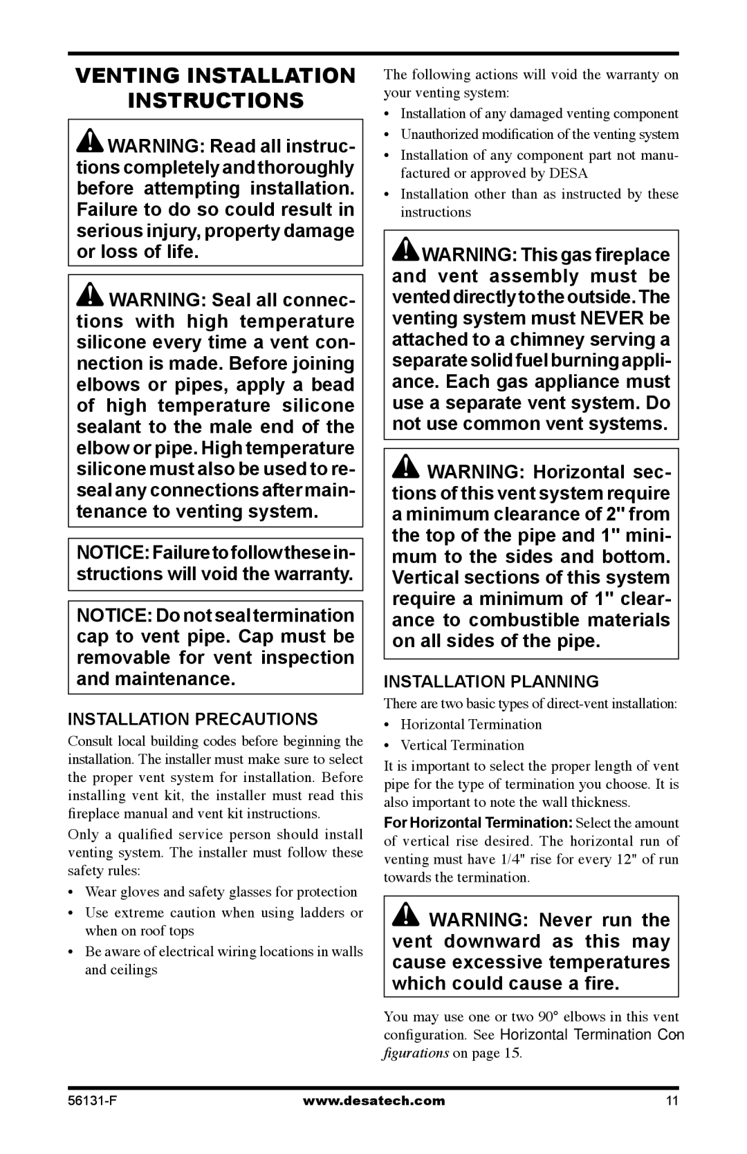 Desa TSTEA-A, (V)DVF36, TSTPA-A, TSTPEA-A Venting Installation Instructions, Installation Precautions, Installation Planning 