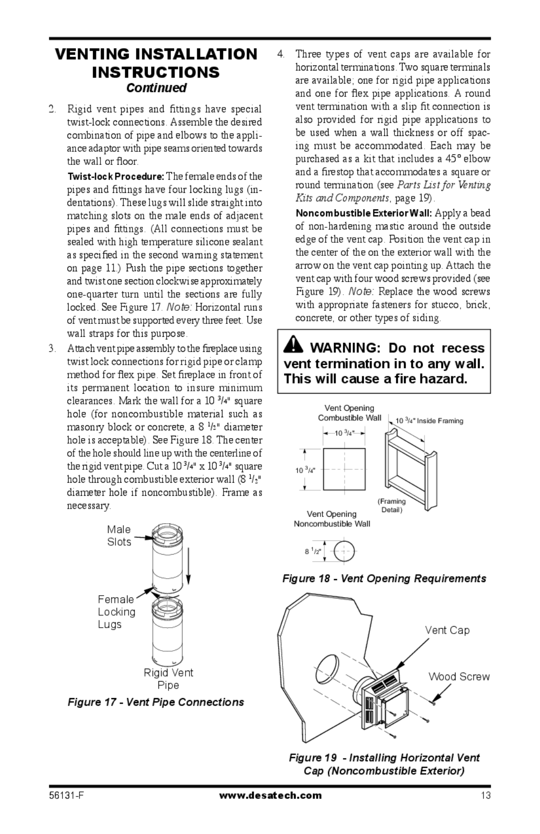 Desa TPNPEA-A, (V)DVF36, TSTPA-A, TSTEA-A, TSTPEA-A Male Slots Female Locking Lugs Rigid Vent Pipe, Vent Cap Wood Screw 