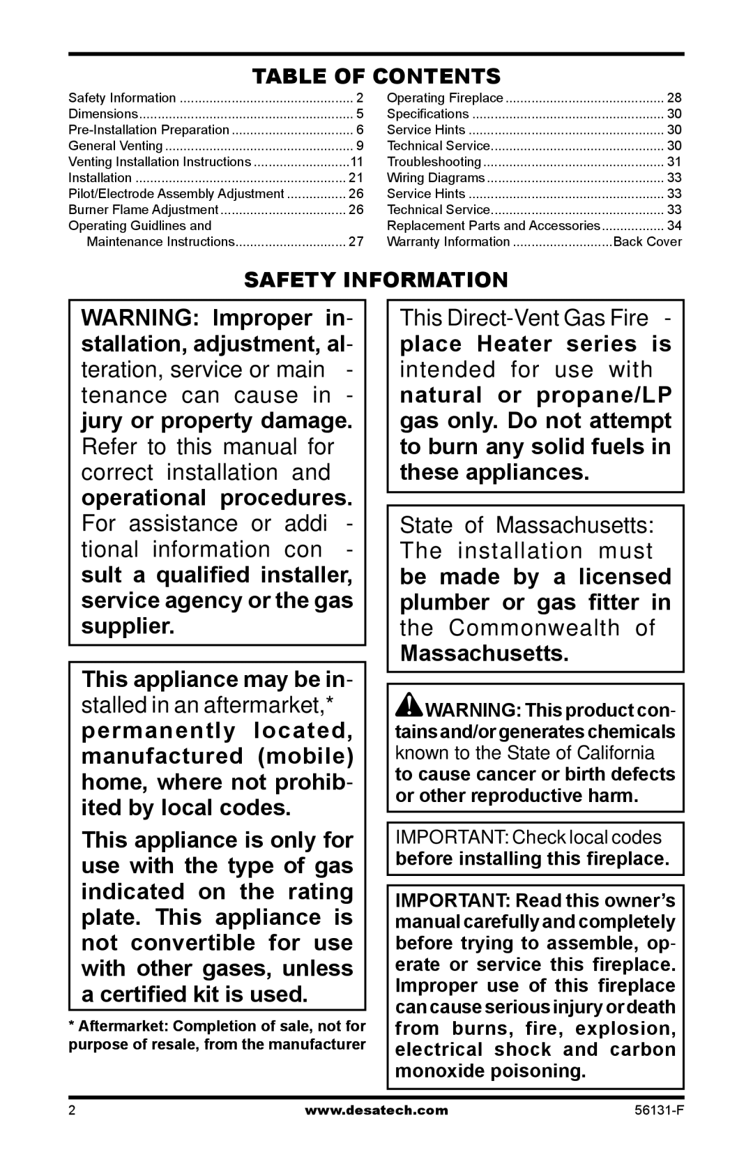 Desa TSTEA-A, (V)DVF36, TSTPA-A, TSTPEA-A, TPNPEA-A, TPNEA-A, TPNPA-A, TSTA-A(-HA) Table of Contents, Safety Information 