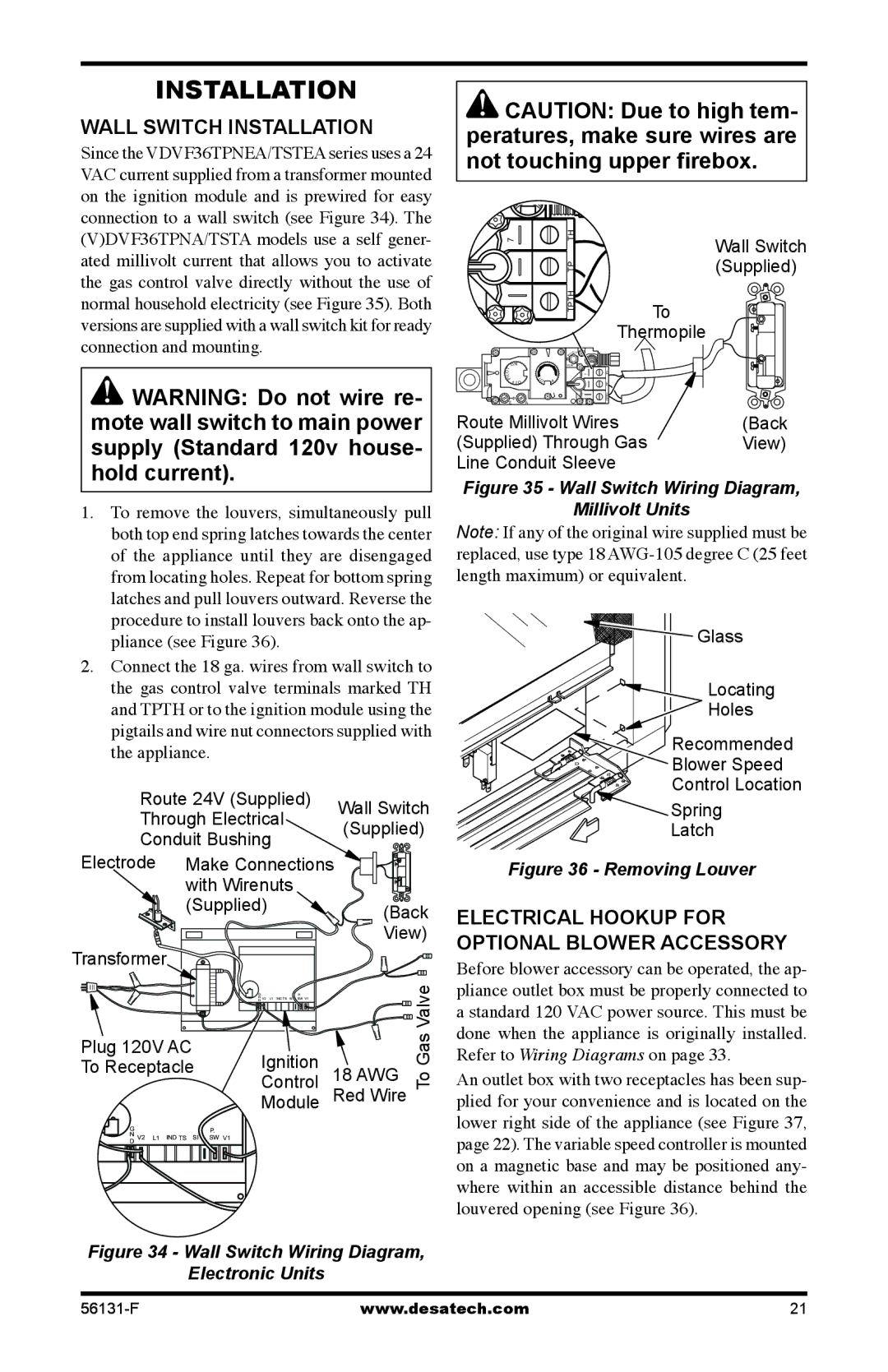 Desa TSTPEA-A, (V)DVF36, TSTPA-A, TSTEA-A Wall Switch Installation, Electrical Hookup for optional blower accessory 